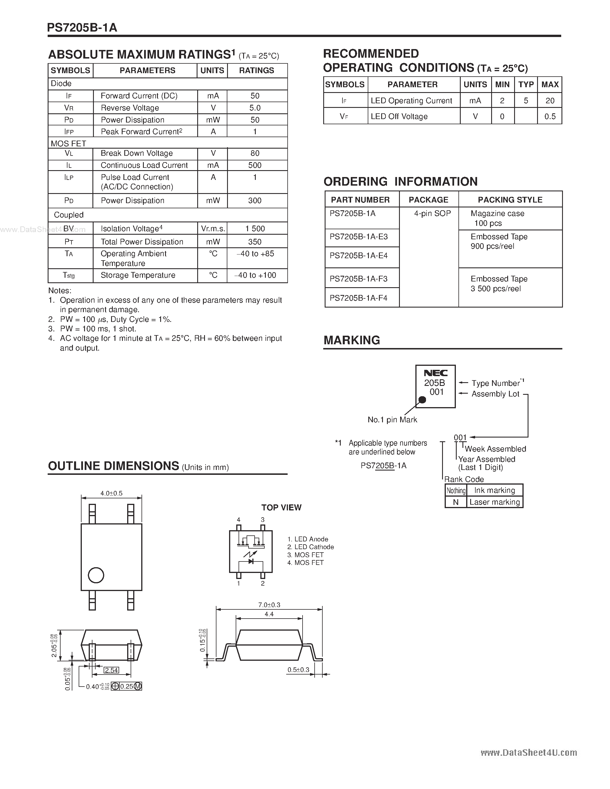 Datasheet PS7205B-1A - 500 mA CONTINUOUS LOAD CURRENT 1-CH OPTICAL COUPLED MOSFET page 2