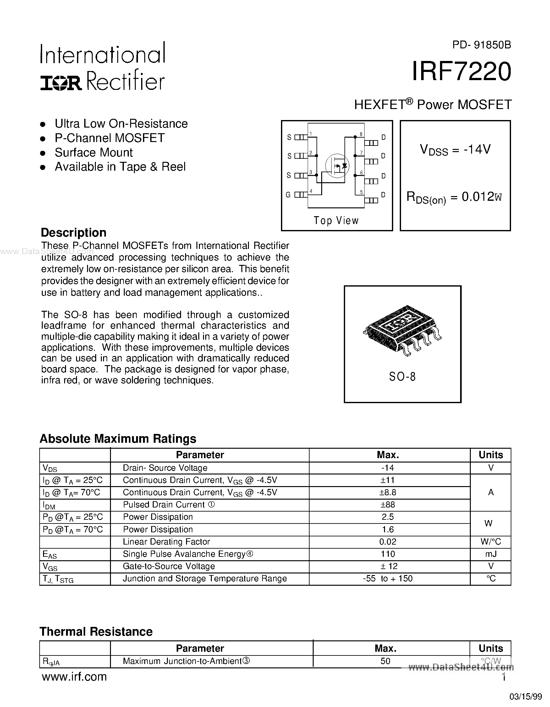 Даташит на микросхему IRF7220 страница 1 Даташит IRF7220 - HEXFET Power MOSFET страница 1