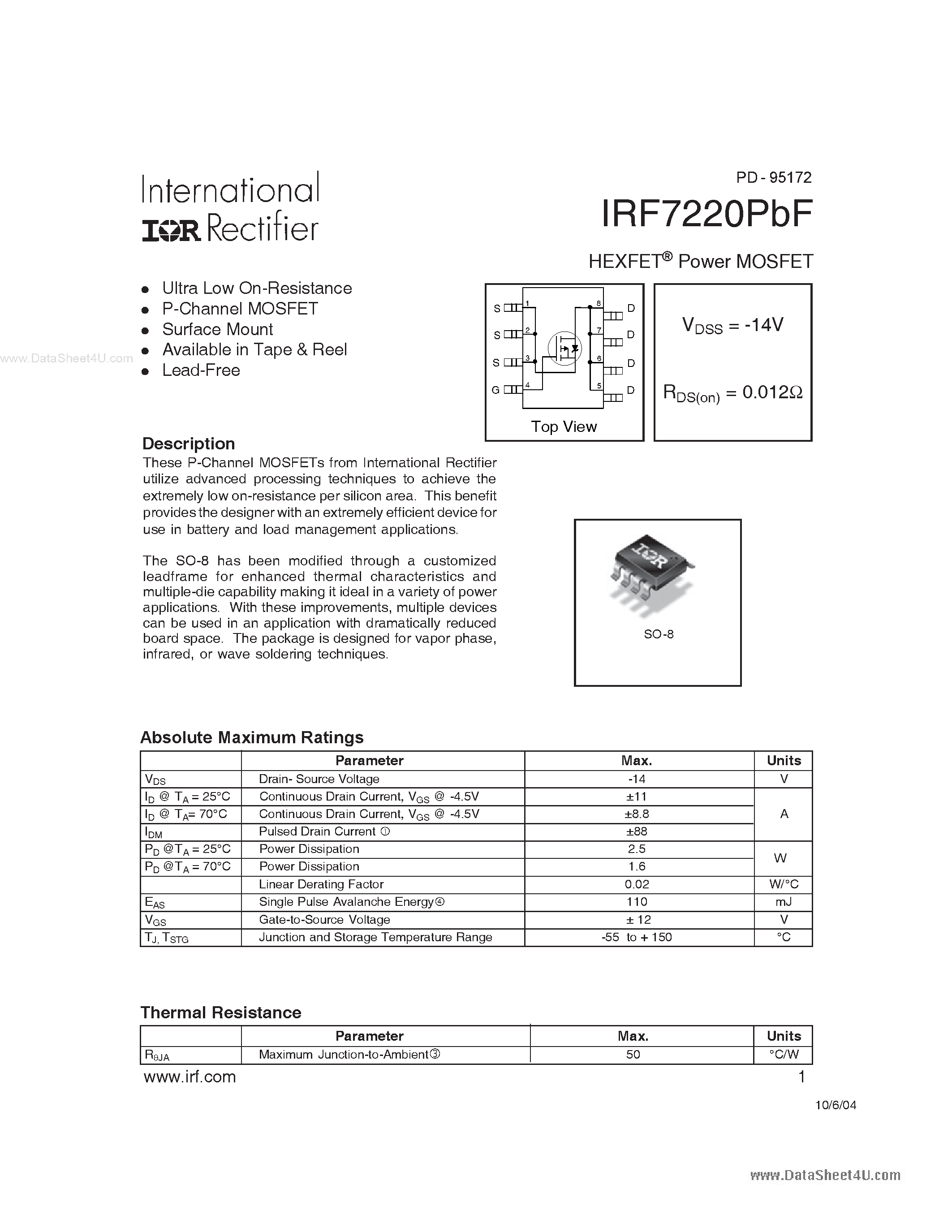 Datasheet IRF7220PBF - HEXFET Power MOSFET page 1