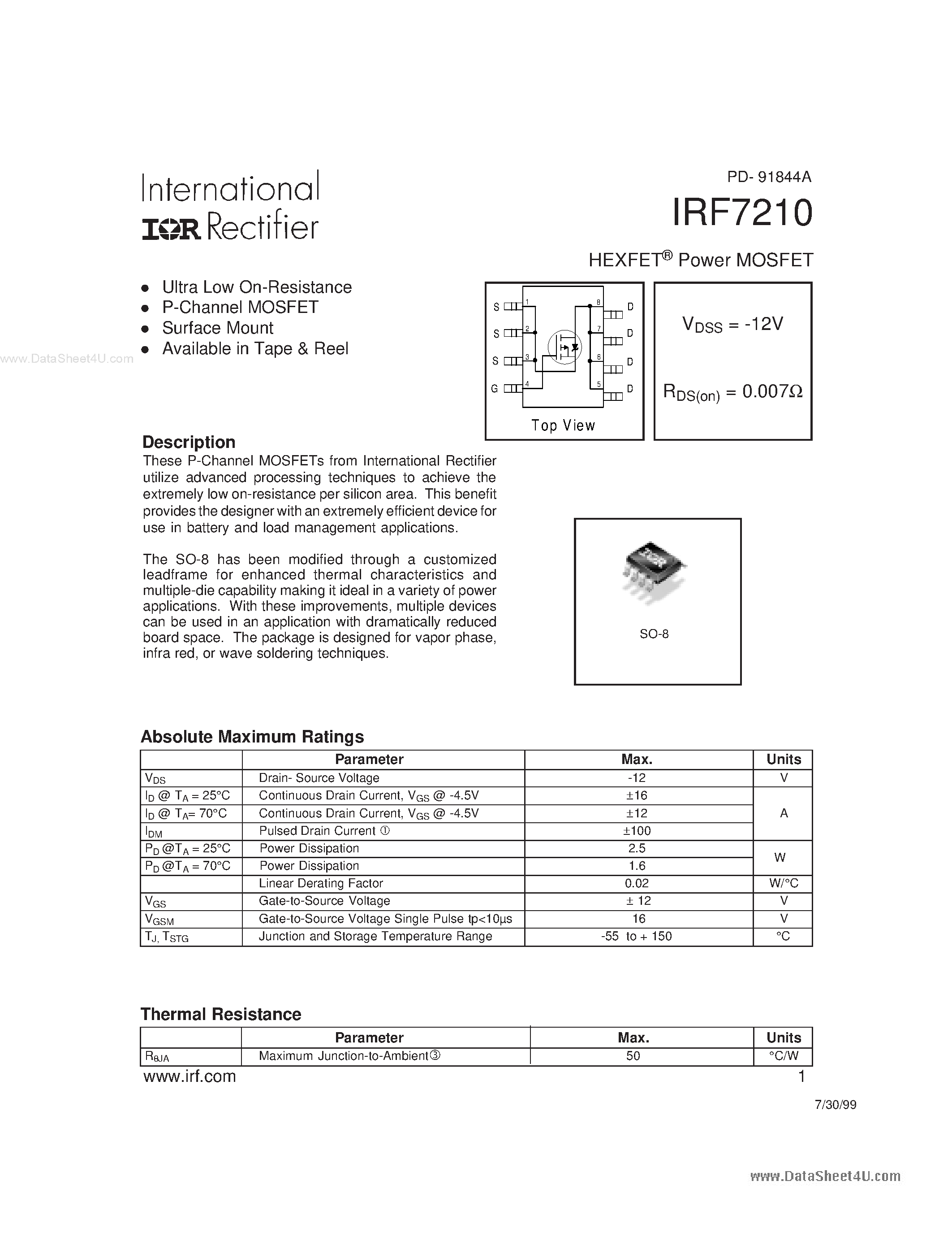 Datasheet IRF7210 - HEXFET Power MOSFET page 1