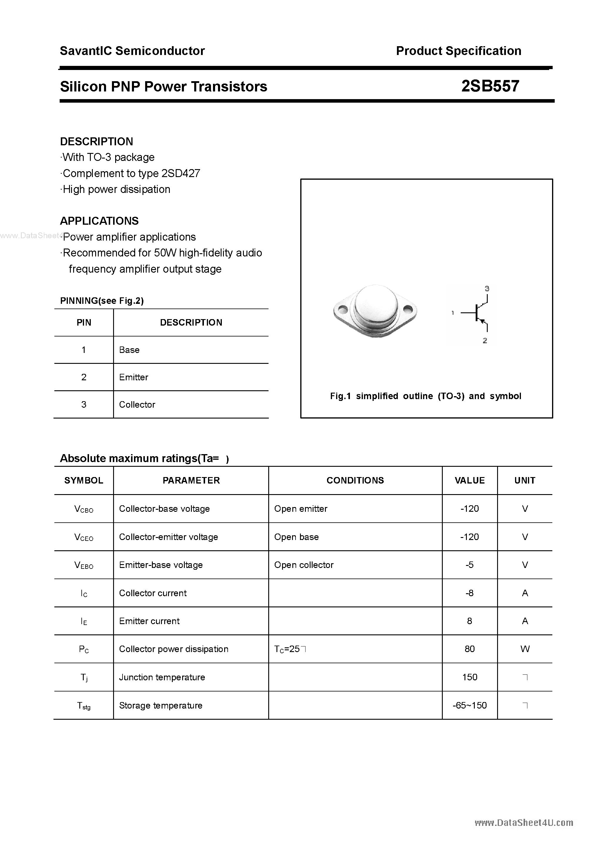 Даташит 2SB557 - Silicon PNP Power Transistors страница 1