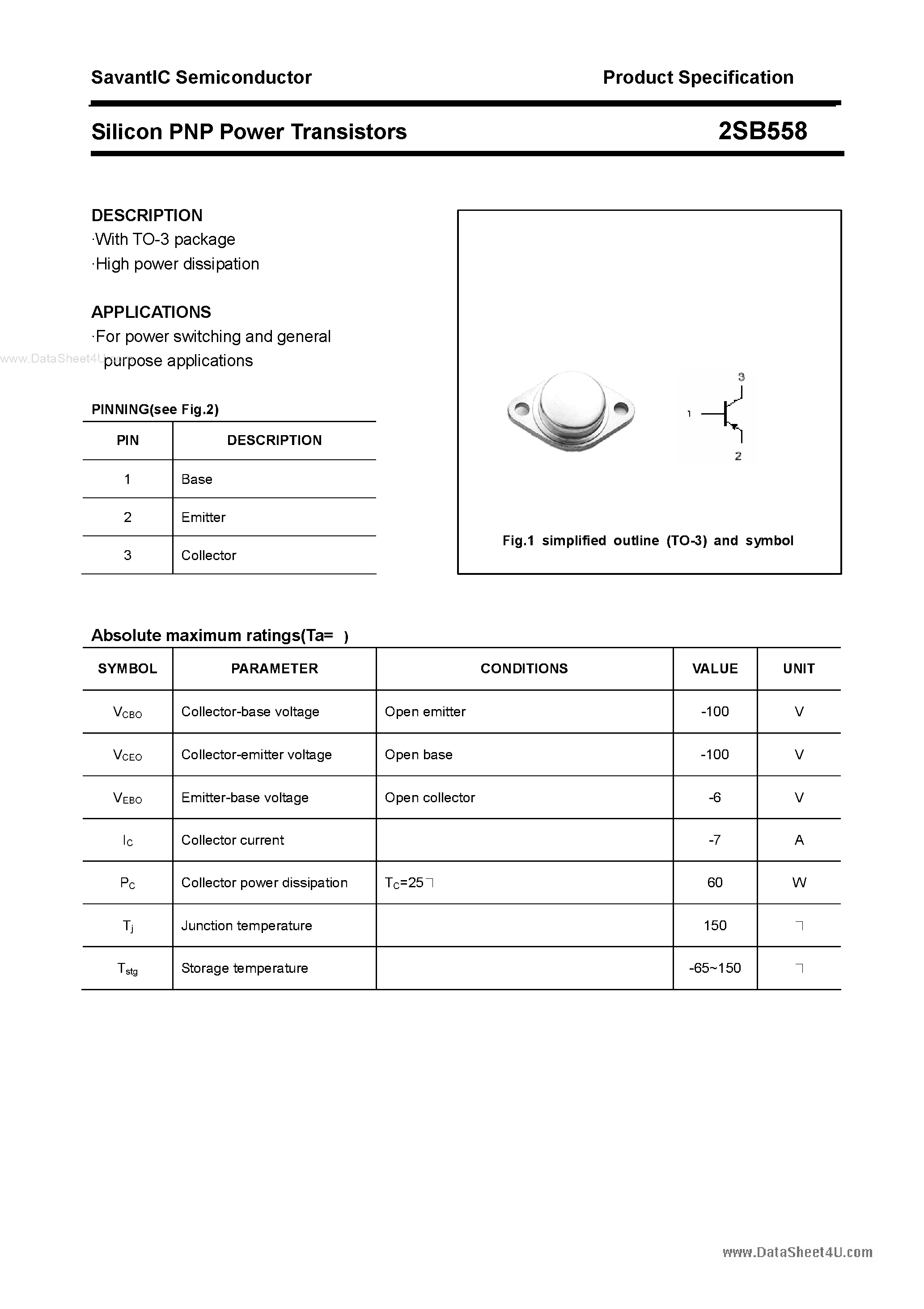 Даташит 2SB558 - Silicon PNP Power Transistors страница 1