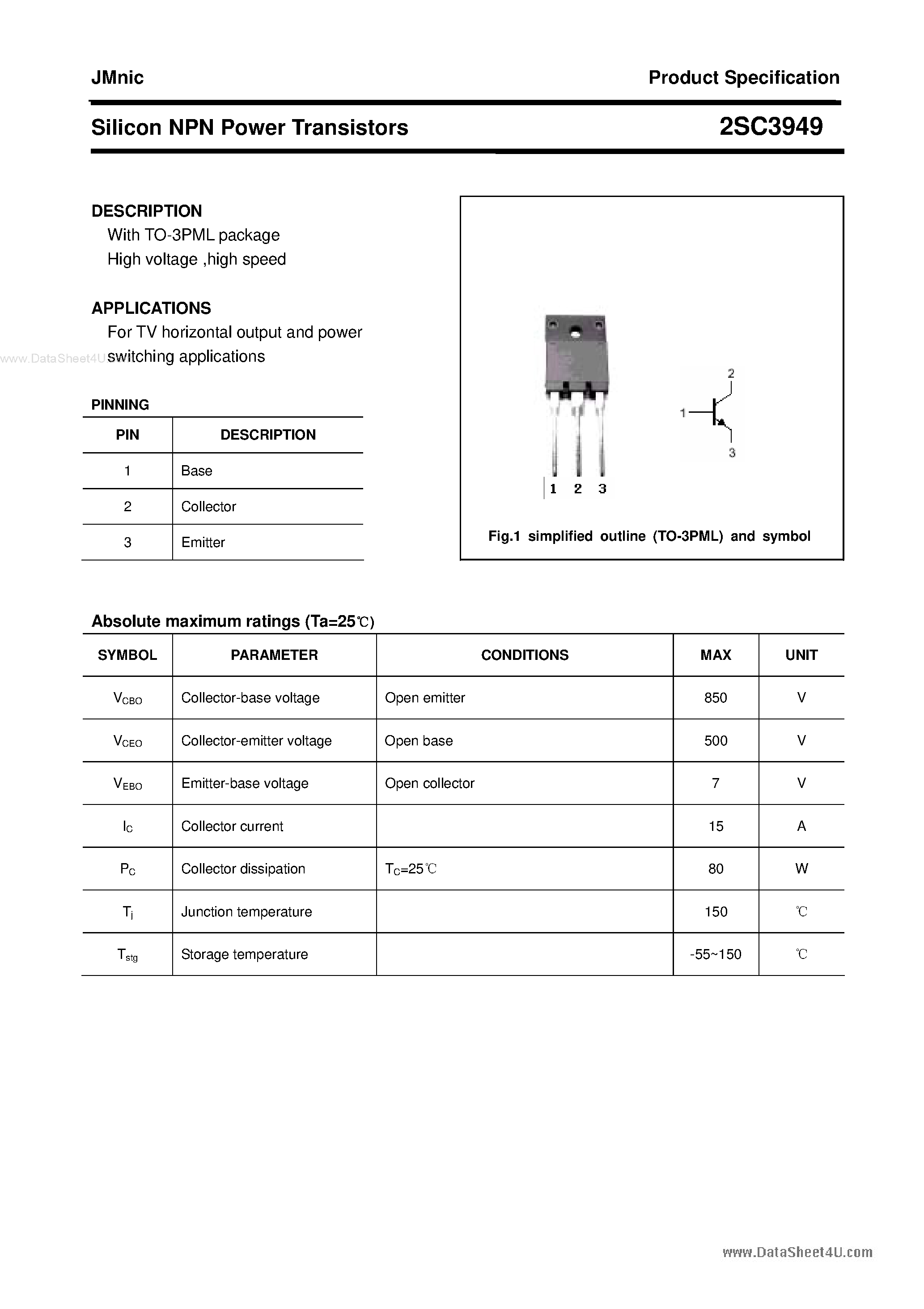 Даташит 2SC3949 - Silicon NPN Power Transistors страница 1
