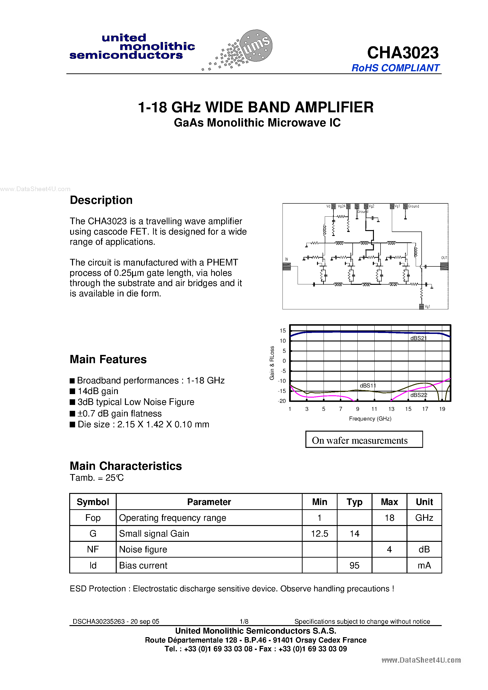 Даташит на микросхему CHA3023 страница 1 Даташит CHA3023 - 1-18 GHz WIDE BAND AMPLIFIER страница 1
