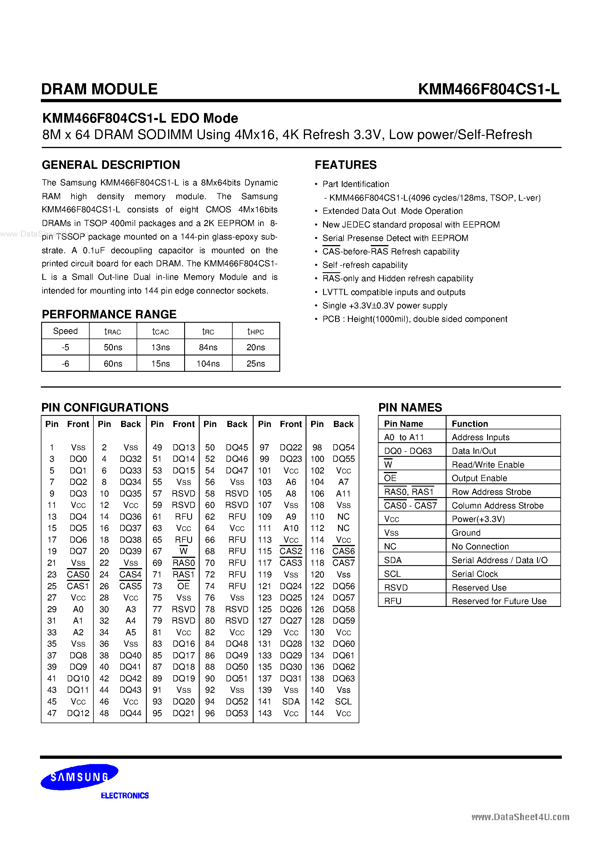 Даташит на микросхему KMM466F804CS1-L страница 1 Даташит KMM466F804CS1-L - 8M X 64 DRAM SODIMM страница 1