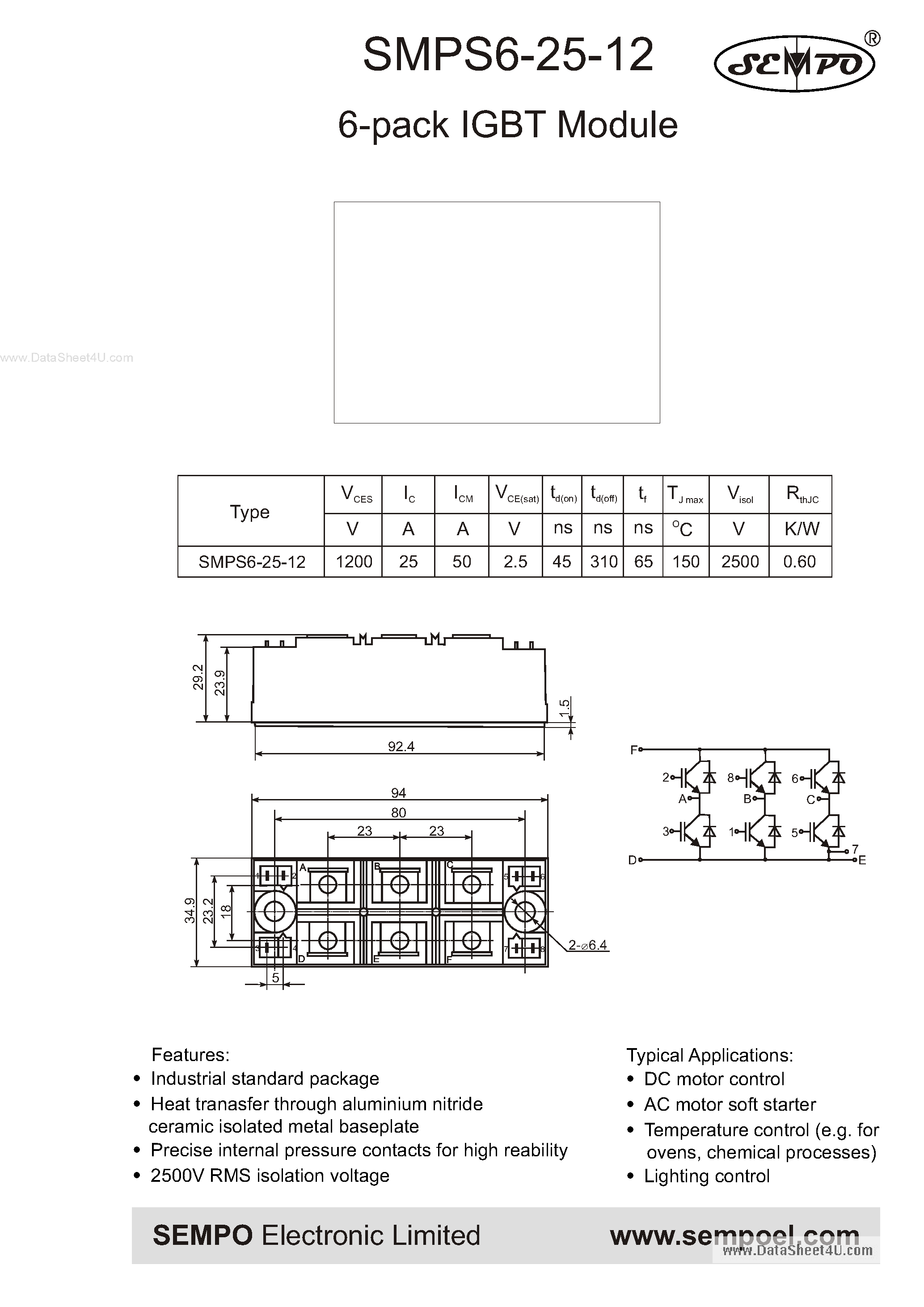 Datasheet SMPS6-25-12 page 1 Datasheet SMPS6-25-12 - 6-pack IGBT Module page 1