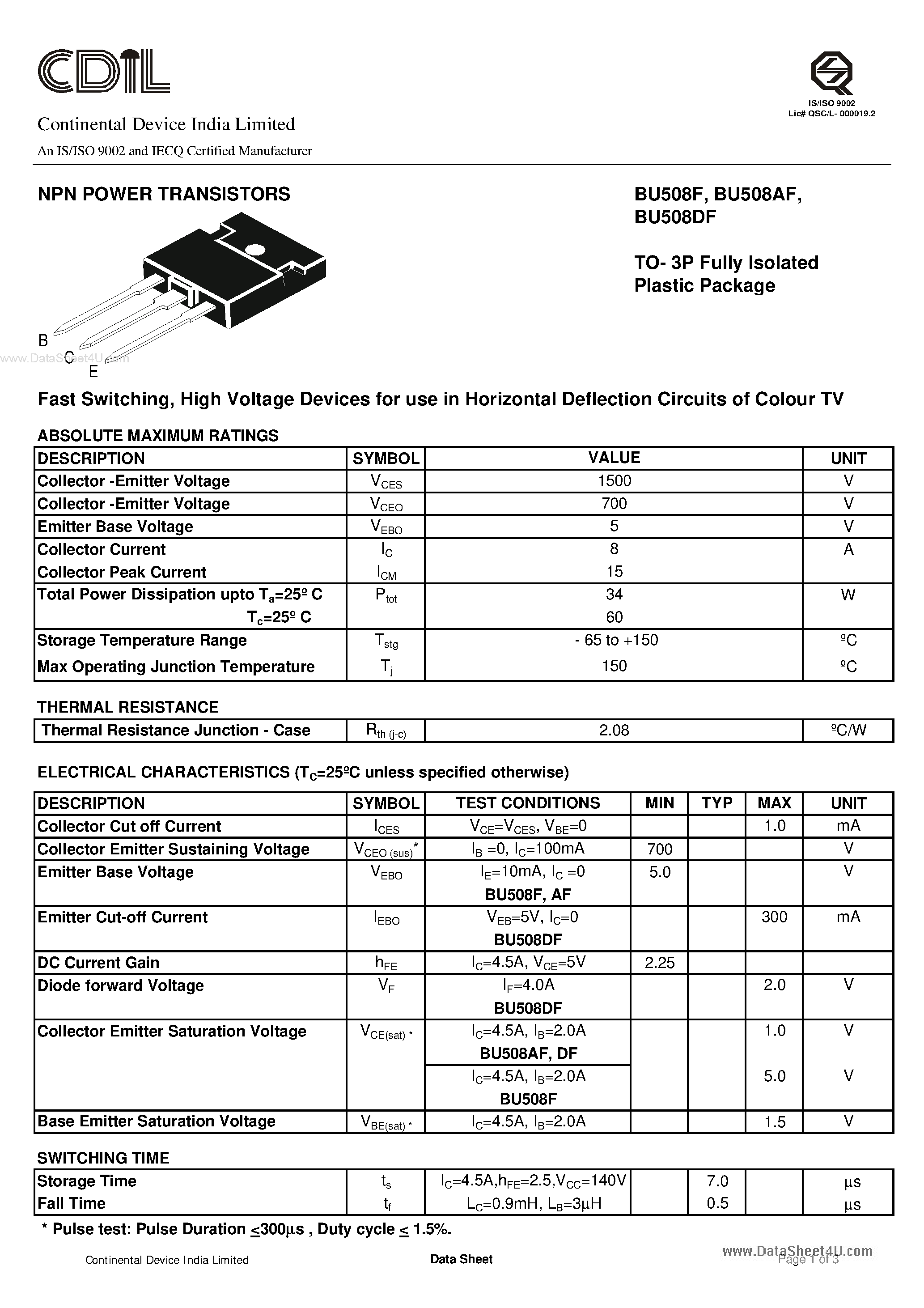 Даташит BU508AF - NPN POWER TRANSISTORS страница 1