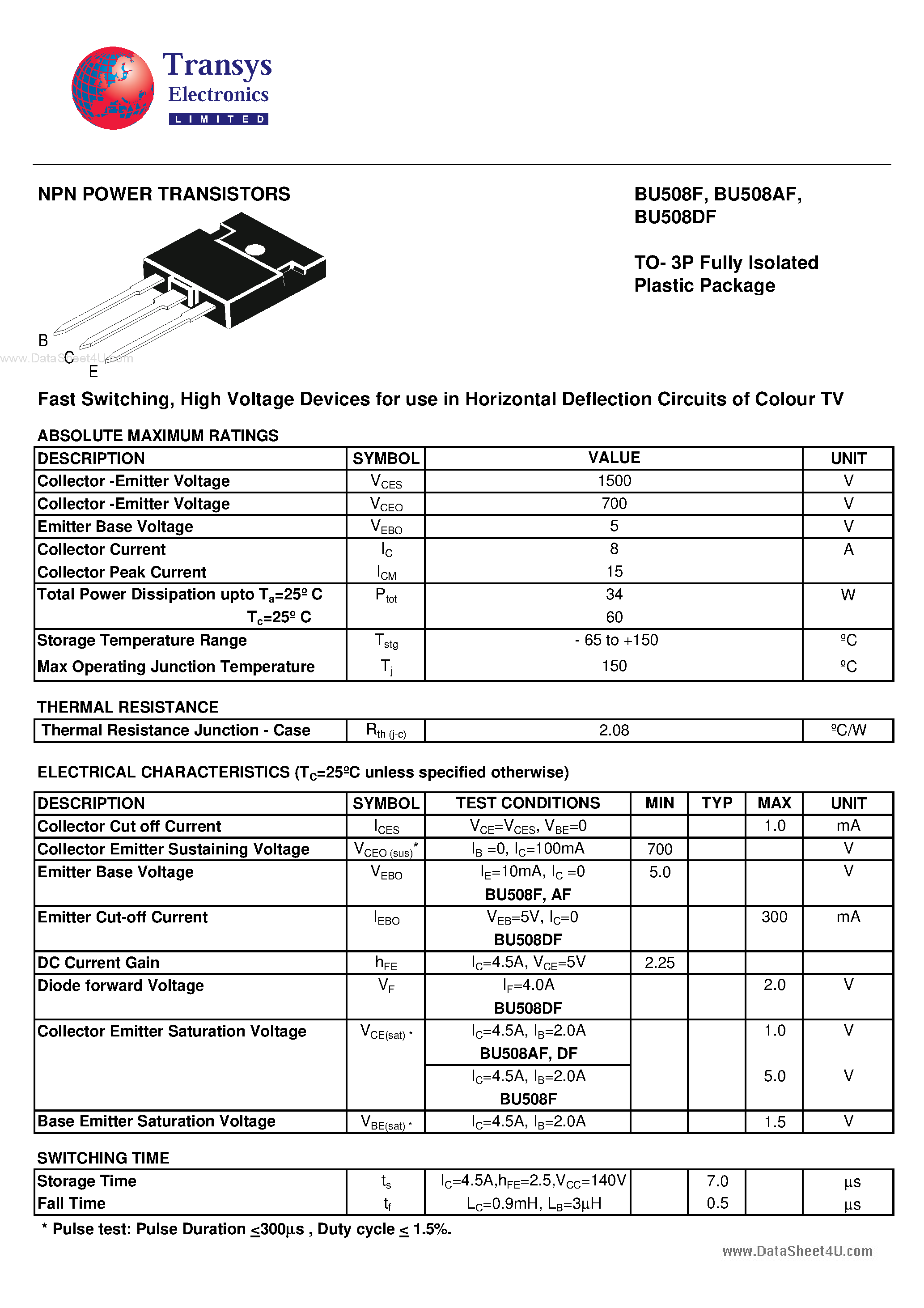 Даташит BU508AF - NPN POWER TRANSISTORS страница 1