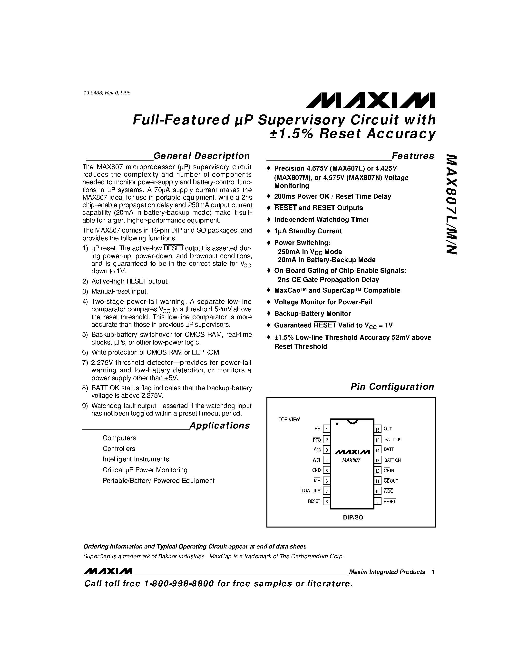 Даташит MAX807 - Full-Featured P Supervisory Circuit with 1.5eset Accuracy страница 1