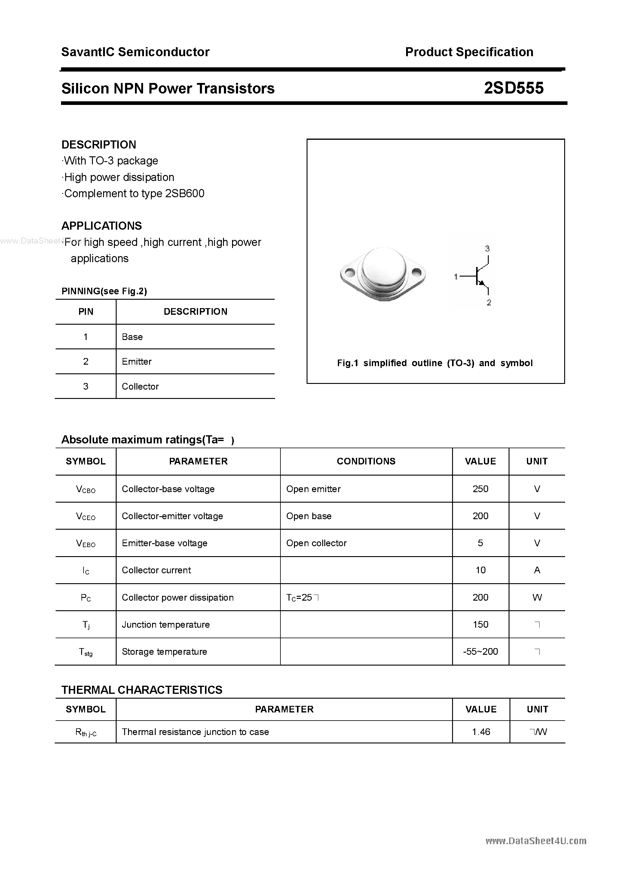 Даташит 2SD555 - Silicon NPN Power Transistors страница 1