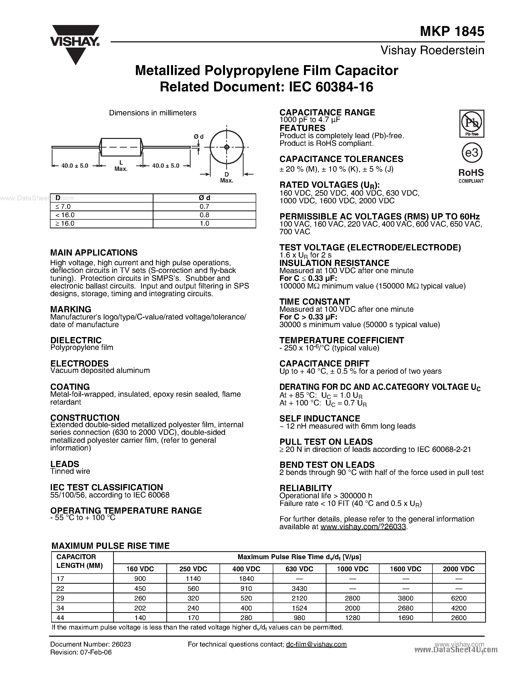 Datasheet MKP1845 - Metallized Polypropylene Film Capacitor page 1