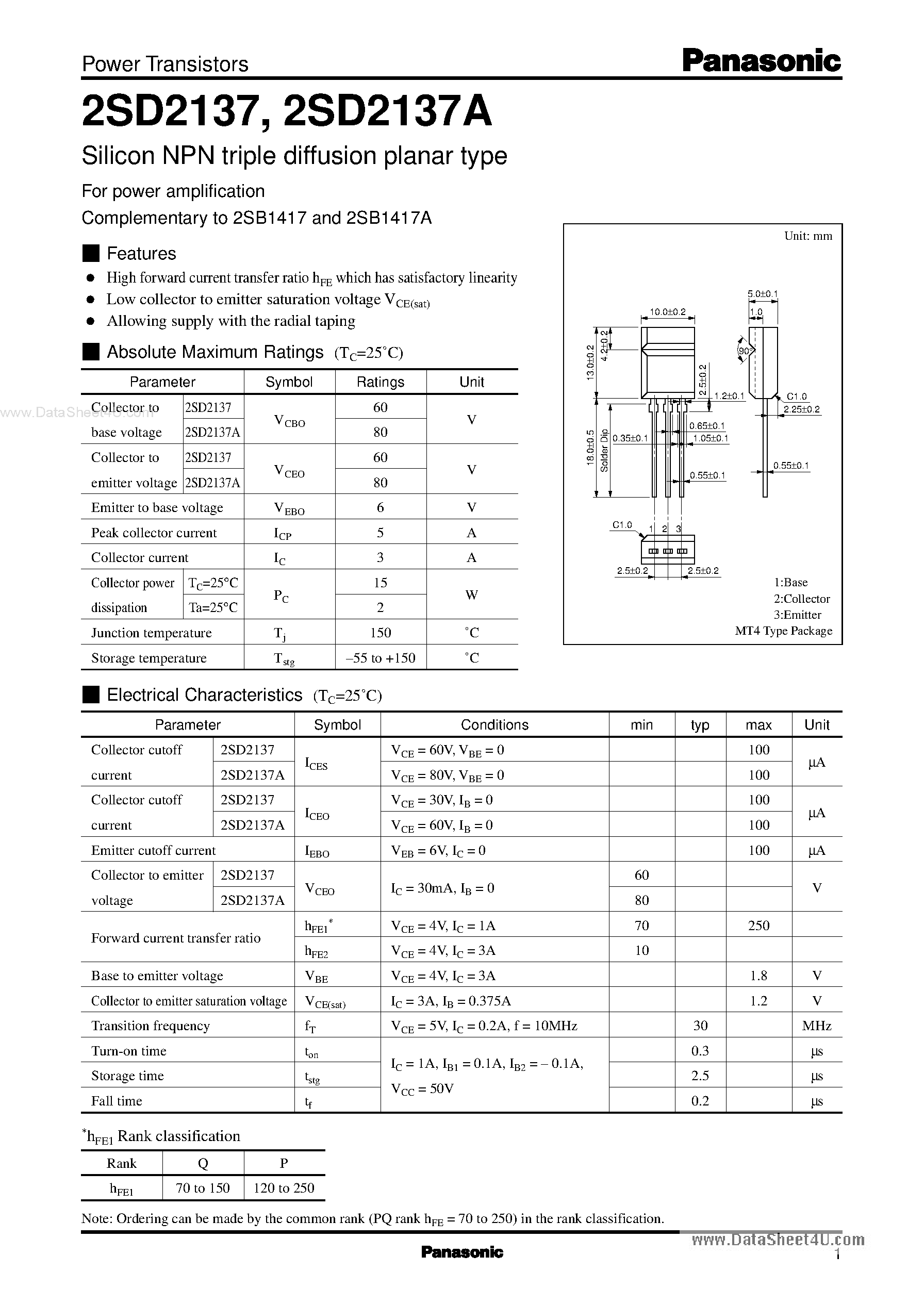 Даташит на микросхему D2137 страница 1 Даташит D2137 - Search -----> 2SD2137 страница 1