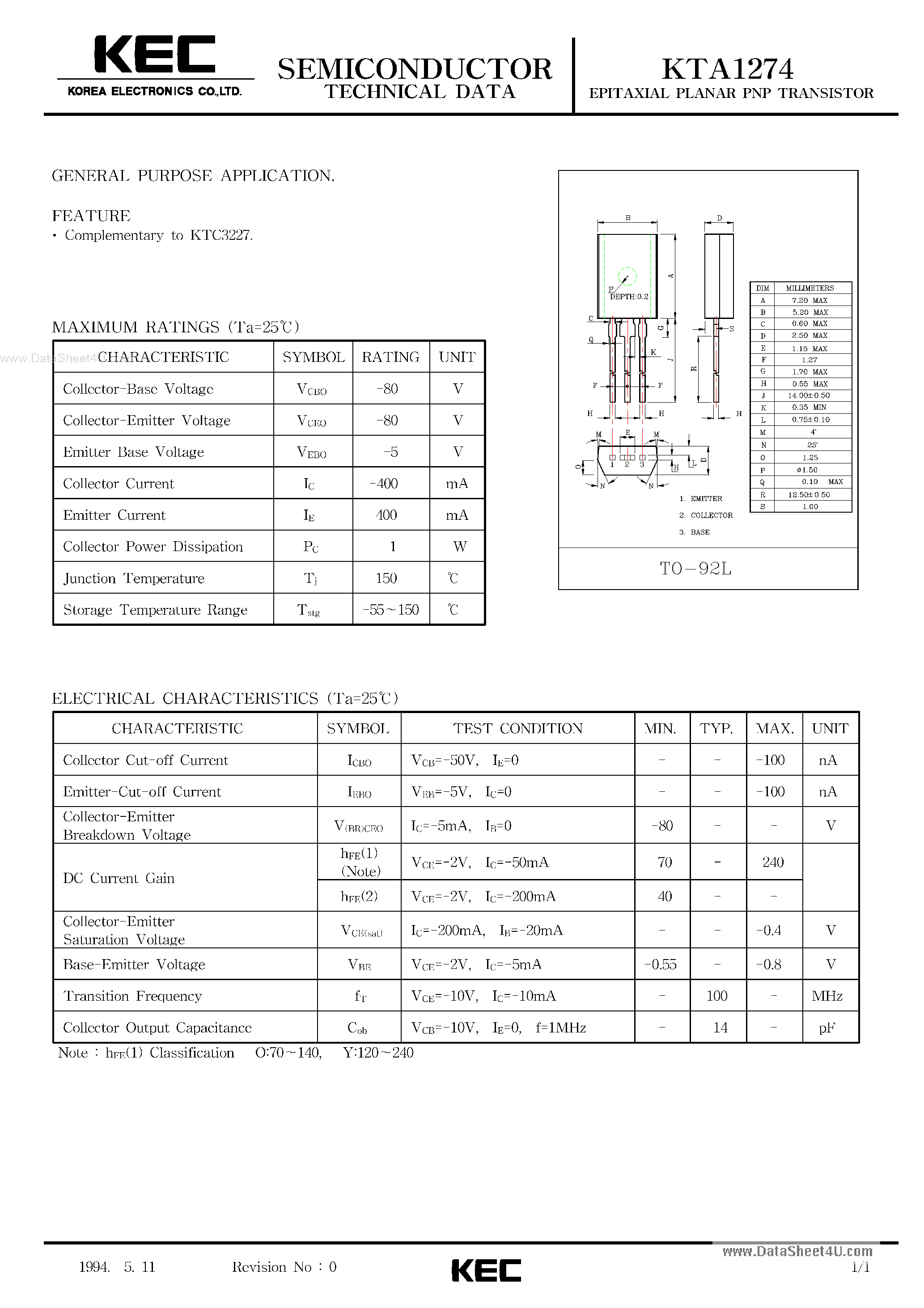 Datasheet A1274 - Search -----> KTA1274 page 1