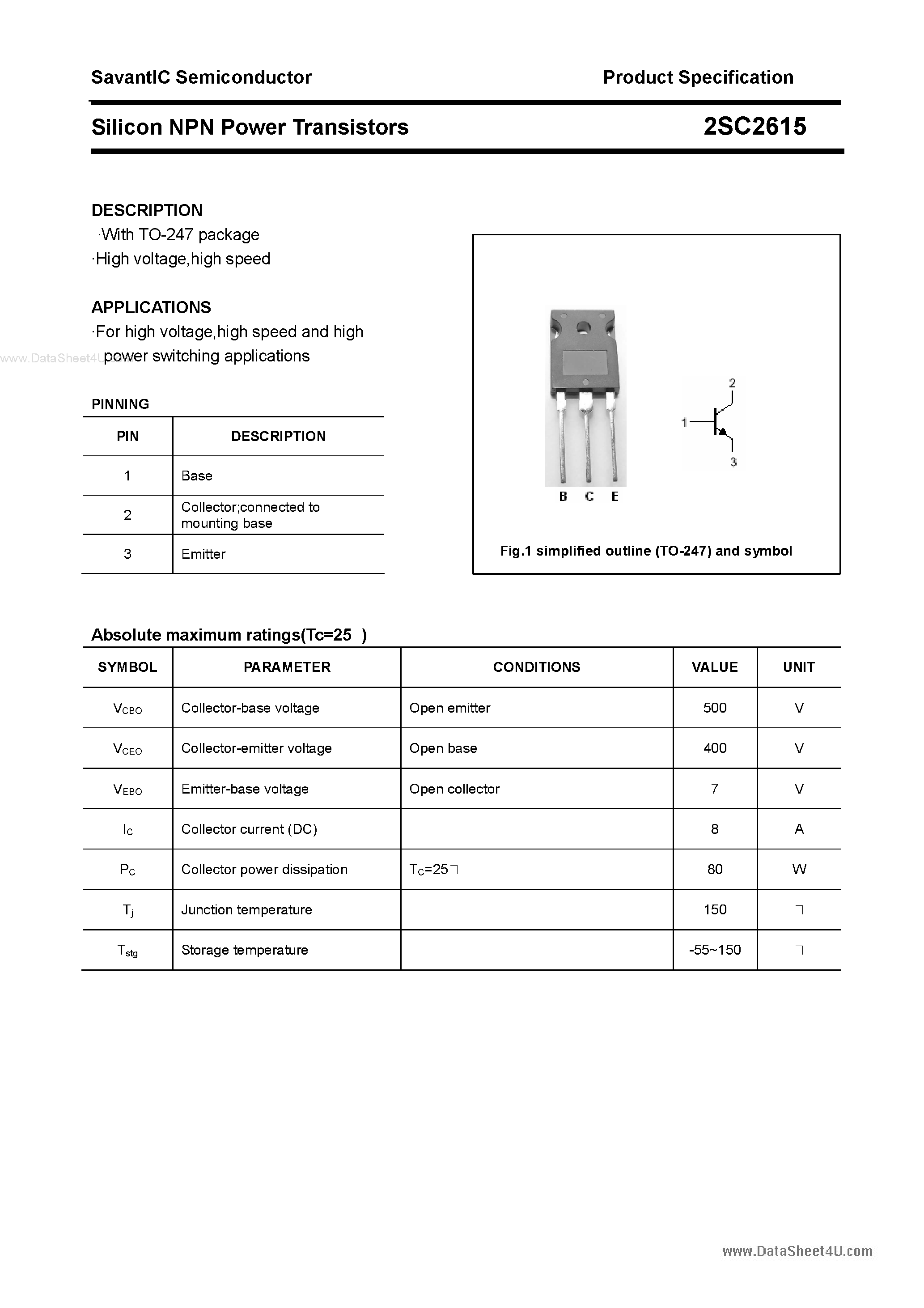 Datasheet 2SC2615 page 1 Datasheet 2SC2615 - Silicon NPN Power Transistors page 1
