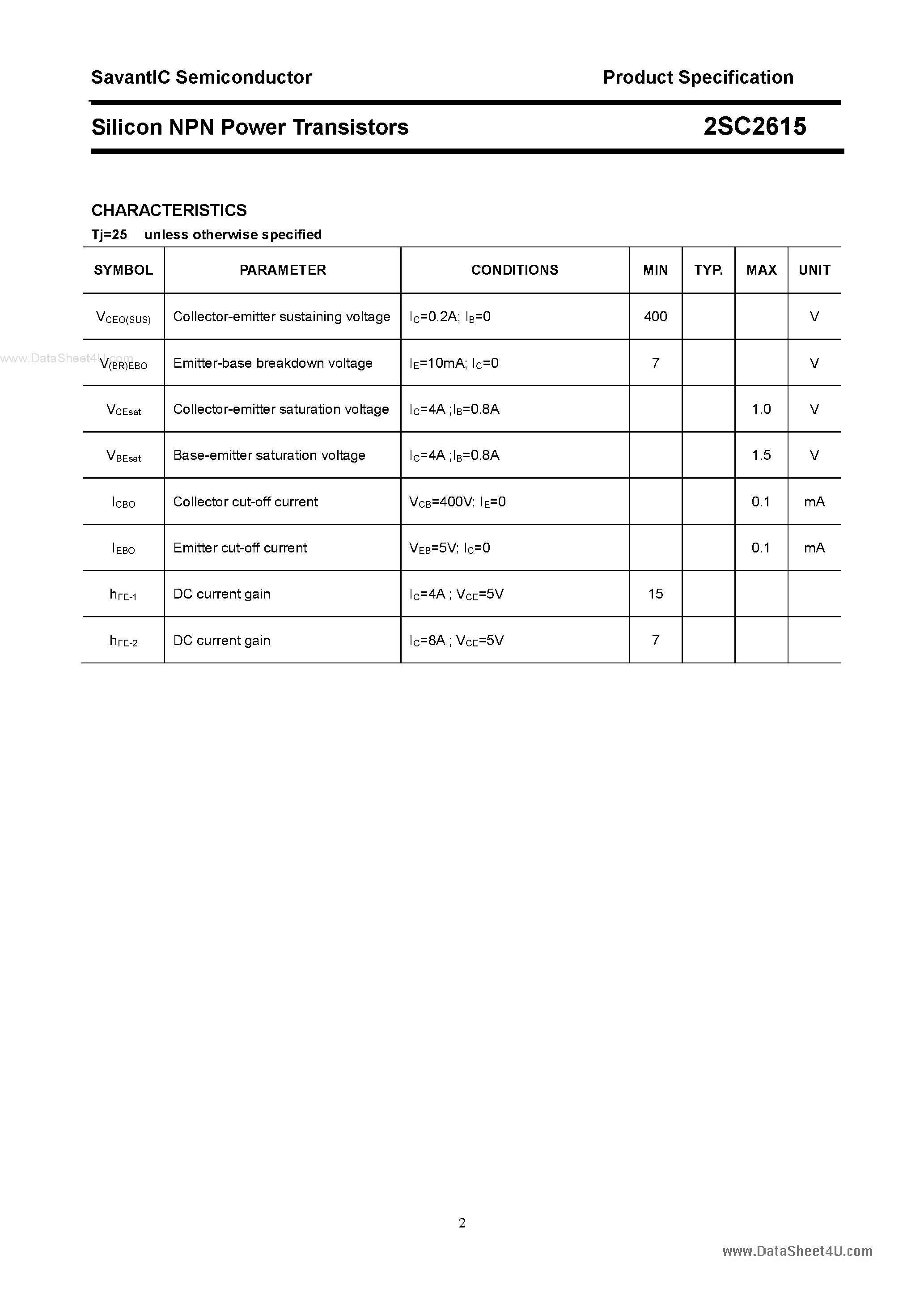 Datasheet 2SC2615 page 2 Datasheet 2SC2615 - Silicon NPN Power Transistors page 2