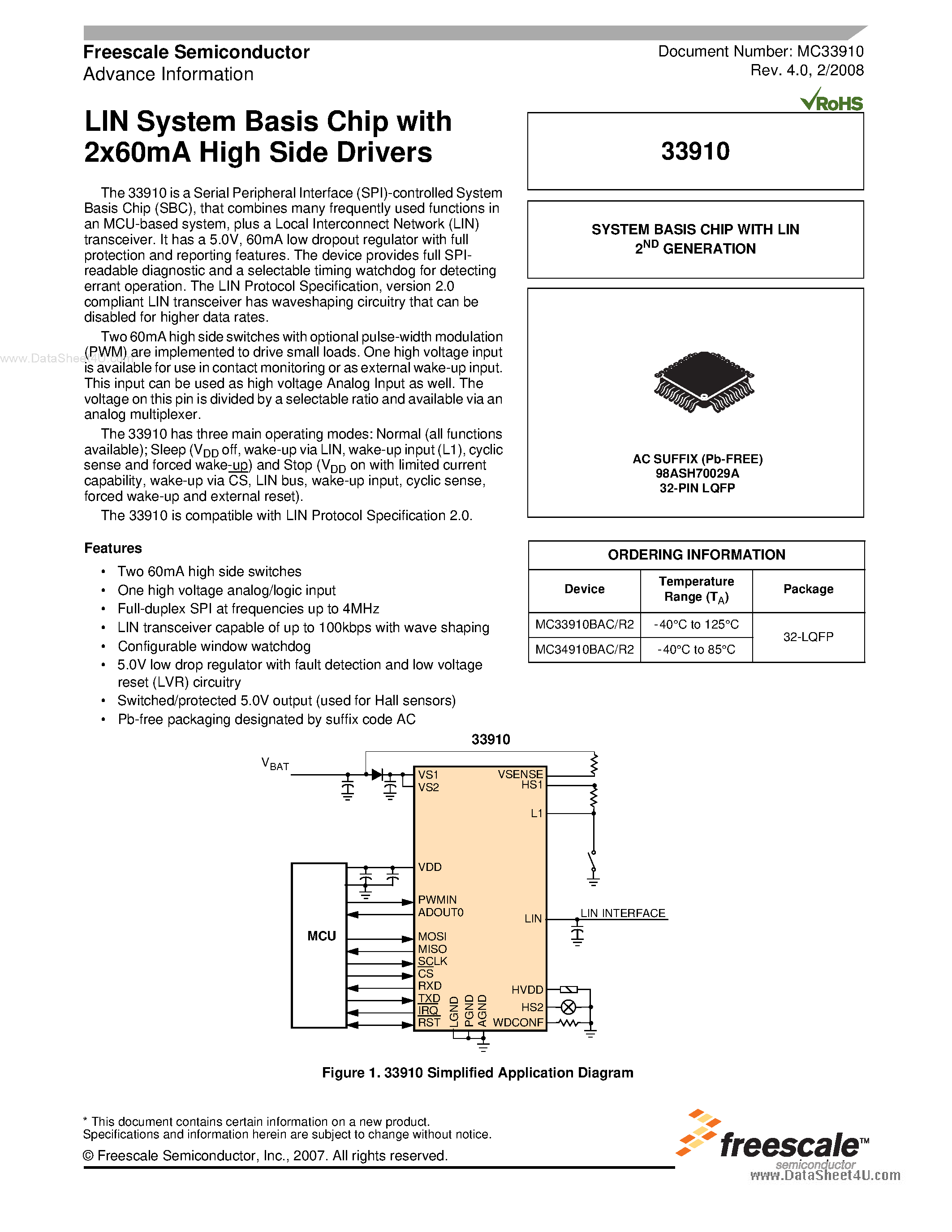 Даташит на микросхему MC33910 страница 1 Даташит MC33910 - LIN System Basis Chip страница 1
