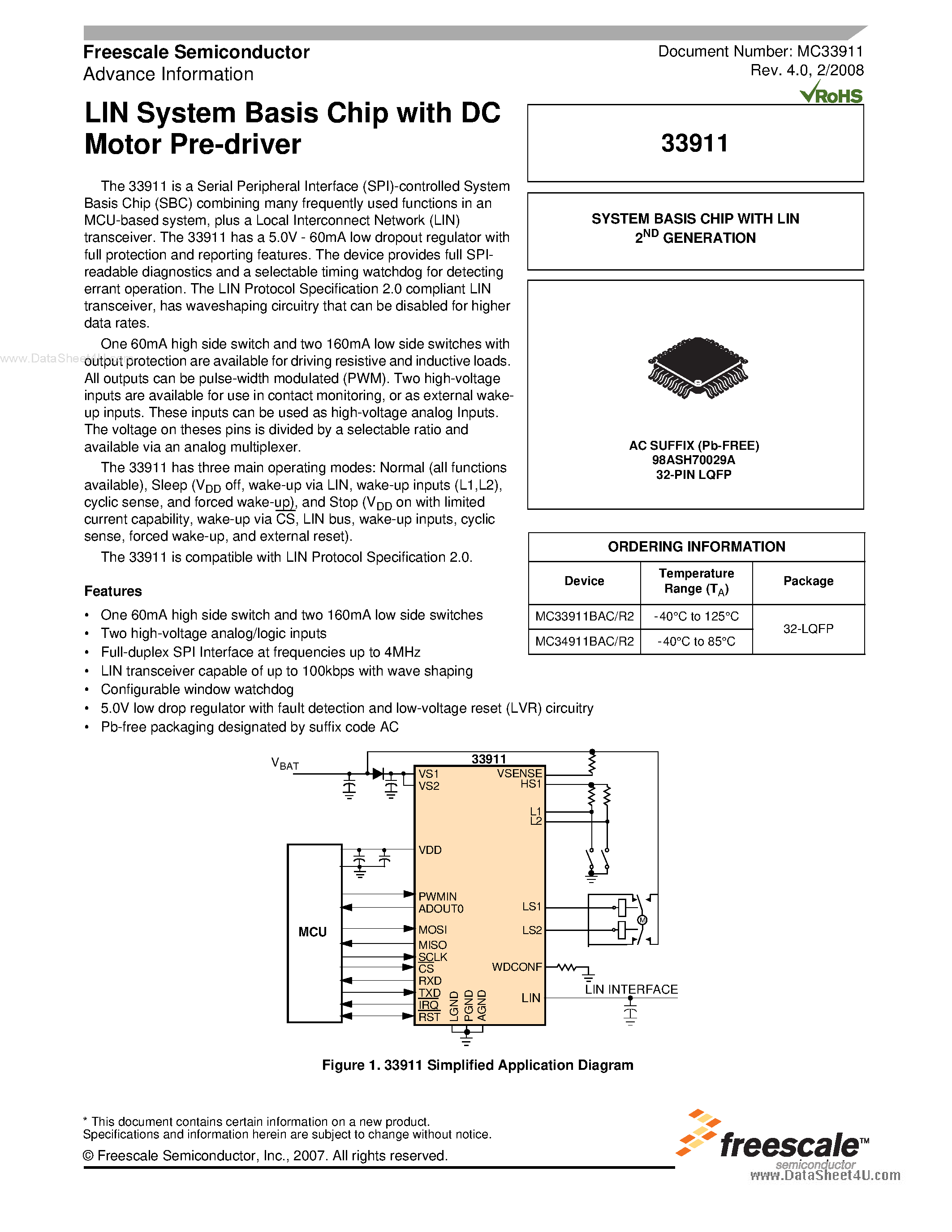 Даташит на микросхему MC33911 страница 1 Даташит MC33911 - LIN System Basis Chip страница 1