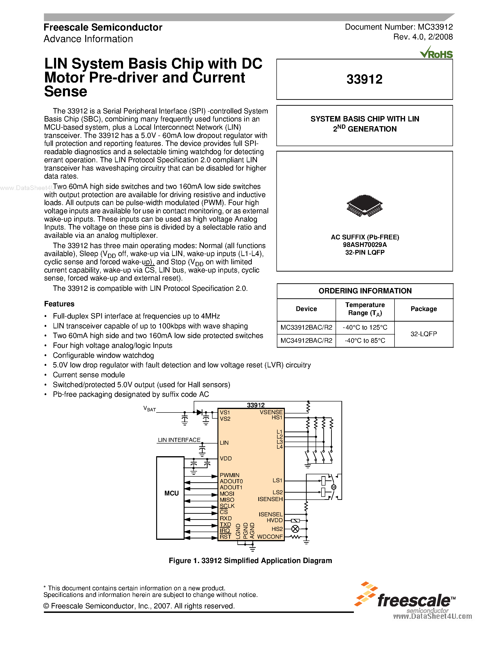 Datasheet MC33912 page 1 Datasheet MC33912 - LIN System Basis Chip page 1