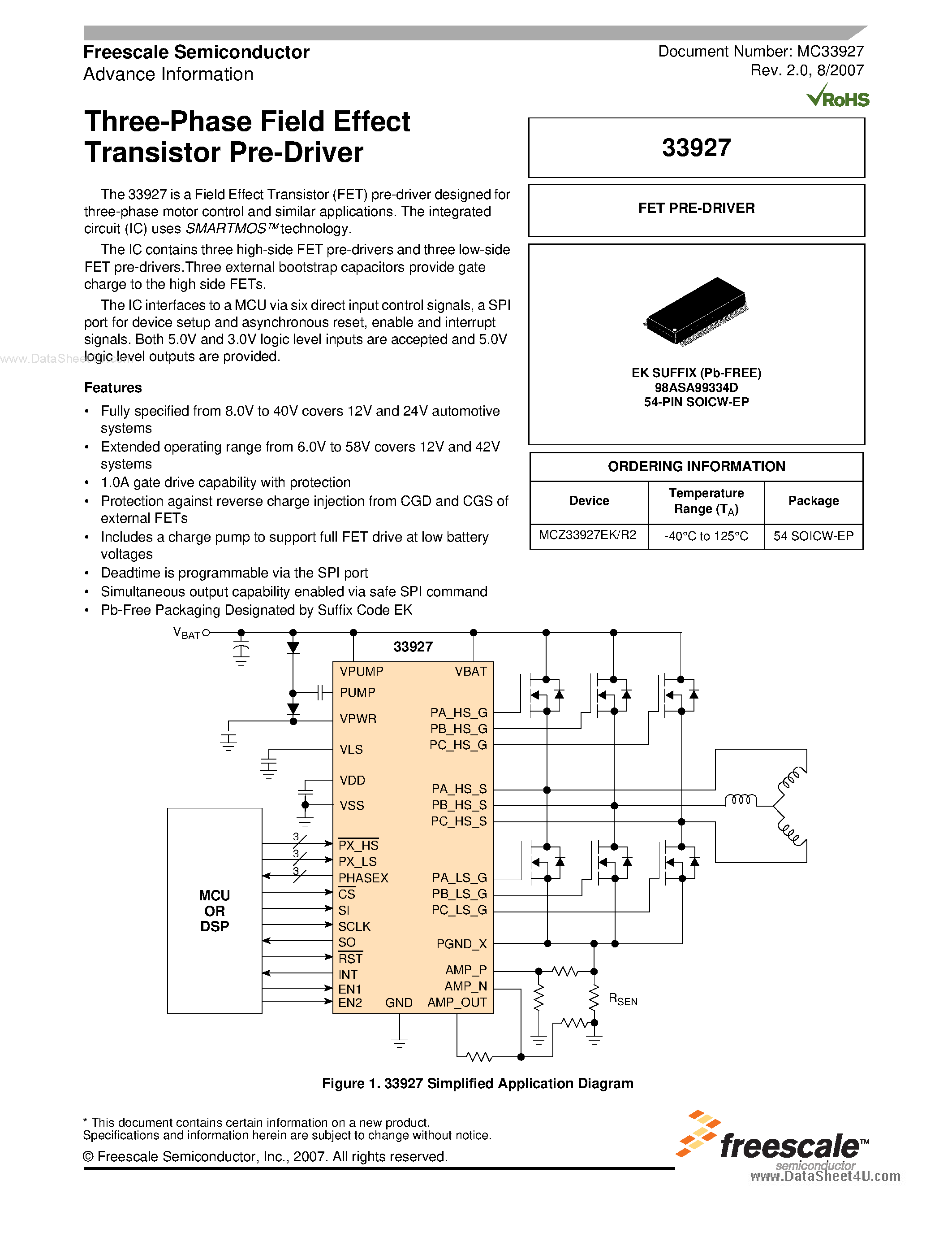 Даташит на микросхему MC33927 страница 1 Даташит MC33927 - Three-Phase Field Effect Transistor Pre-Driver страница 1