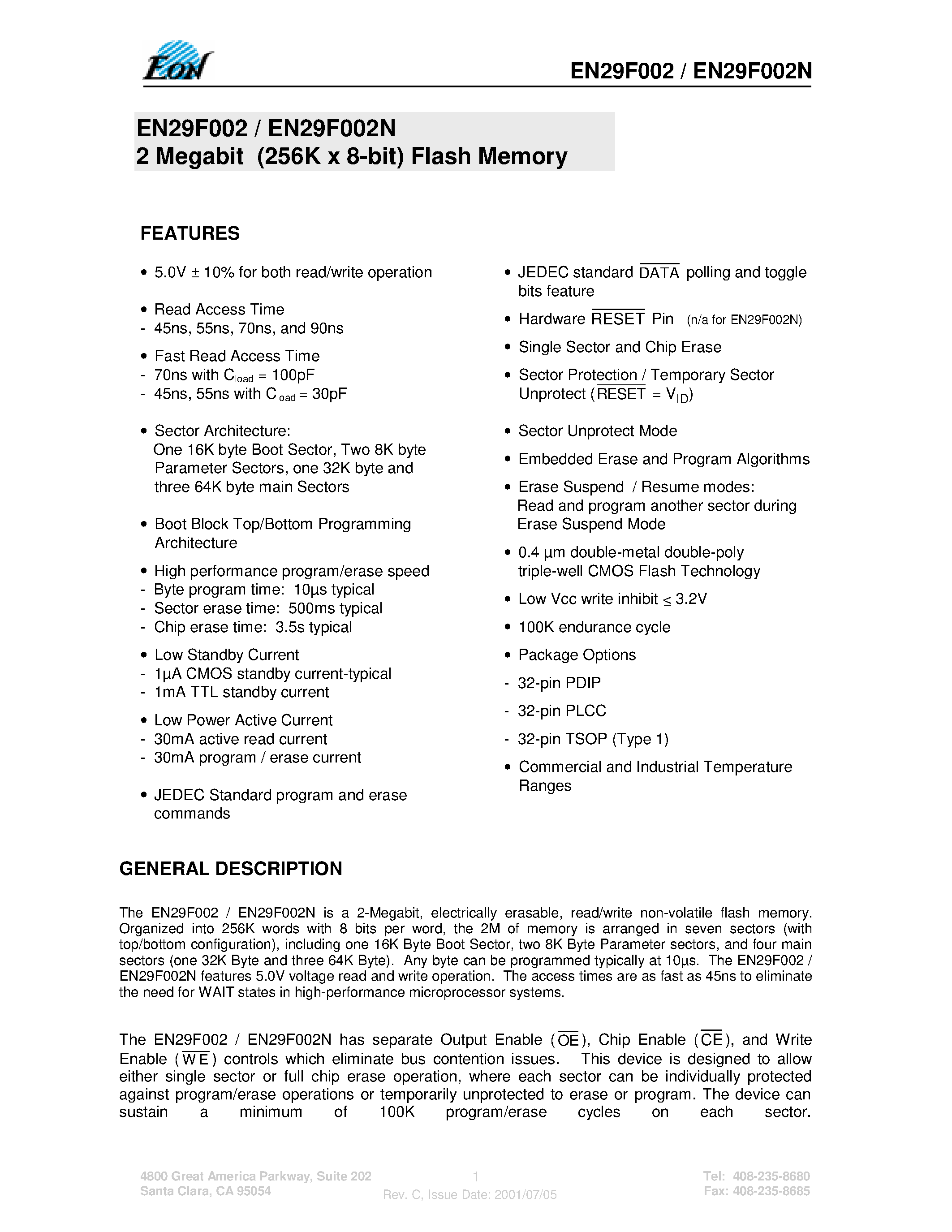 Datasheet EN29F002 - 2 Megabit (256K x 8-bit) Flash Memory page 1