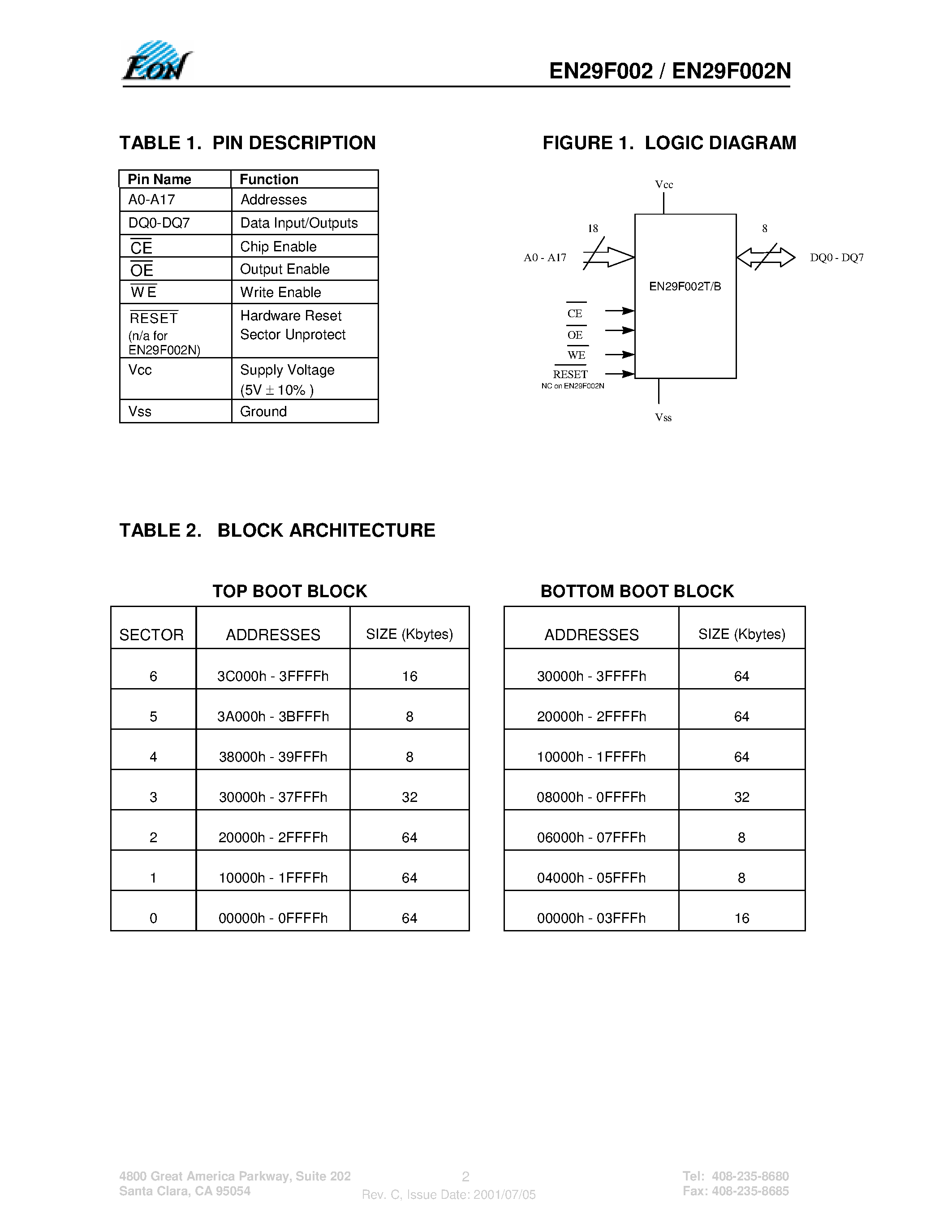 Datasheet EN29F002 - 2 Megabit (256K x 8-bit) Flash Memory page 2