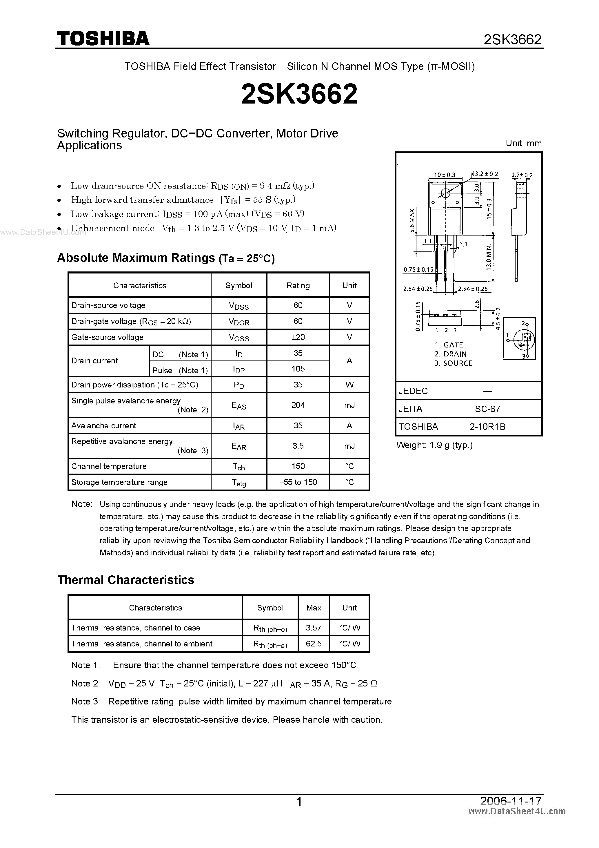 Datasheet 2SK3662 - Silicon N Channel MOS Type Switching Regulator page 1