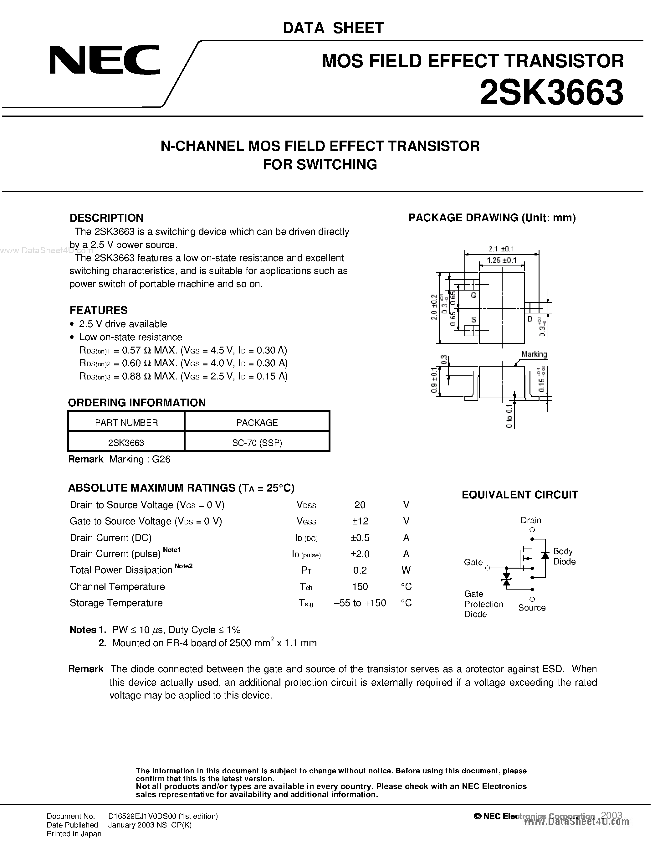Datasheet 2SK3663 - N-CHANNEL MOS FIELD EFFECT TRANSISTOR page 1