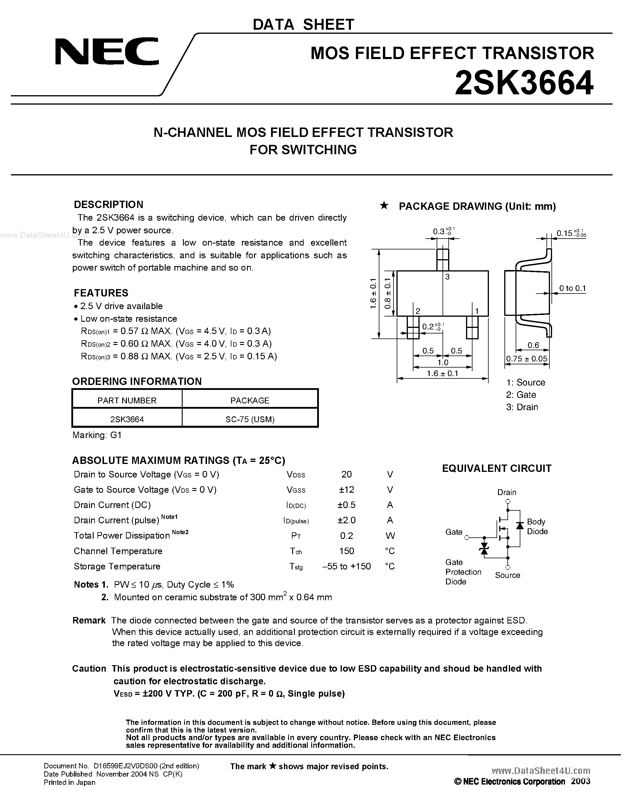 Datasheet 2SK3664 - N-CHANNEL MOS FIELD EFFECT TRANSISTOR page 1