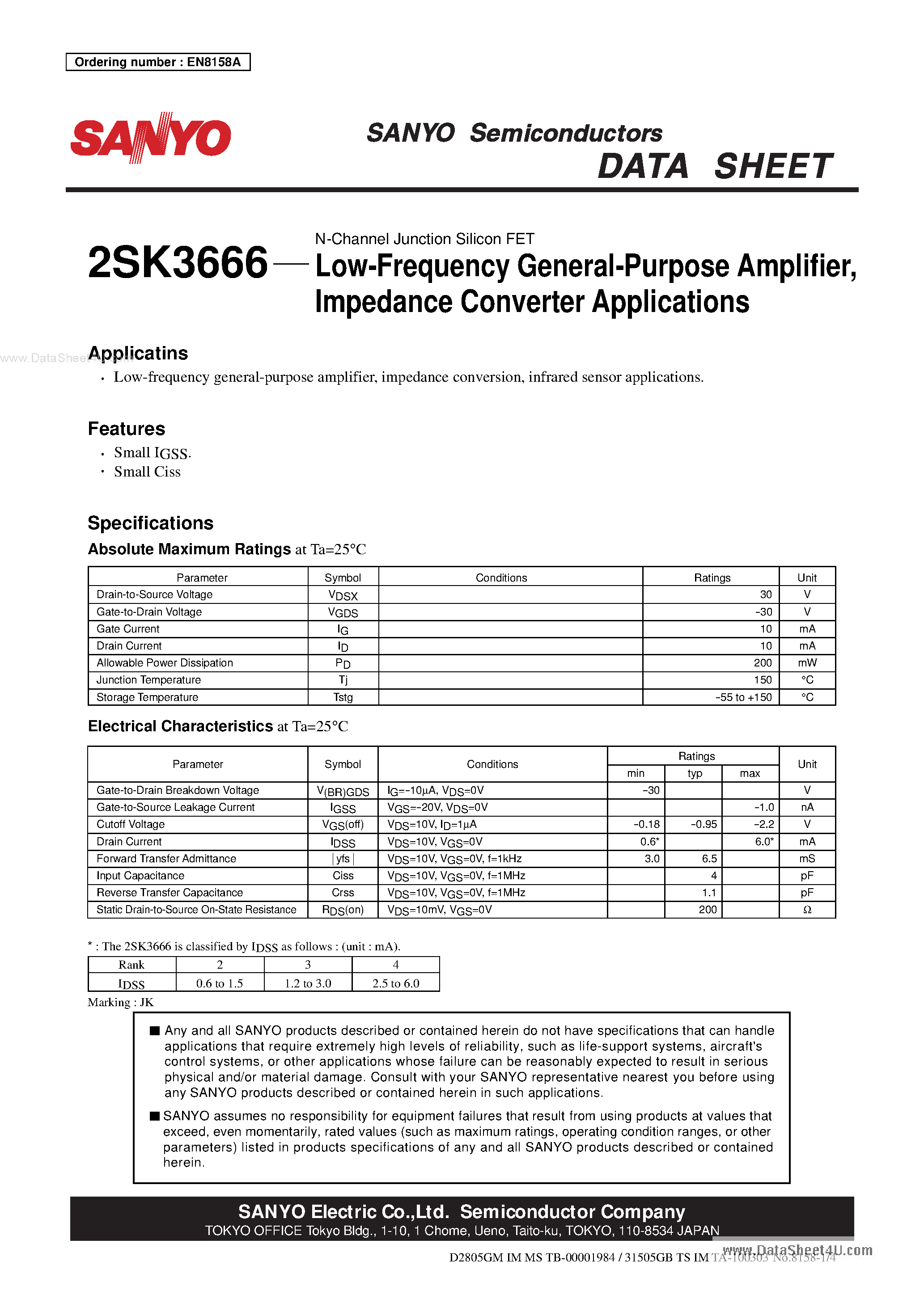 Datasheet 2SK3666 - Low-Frequency General-Purpose Amplifier page 1