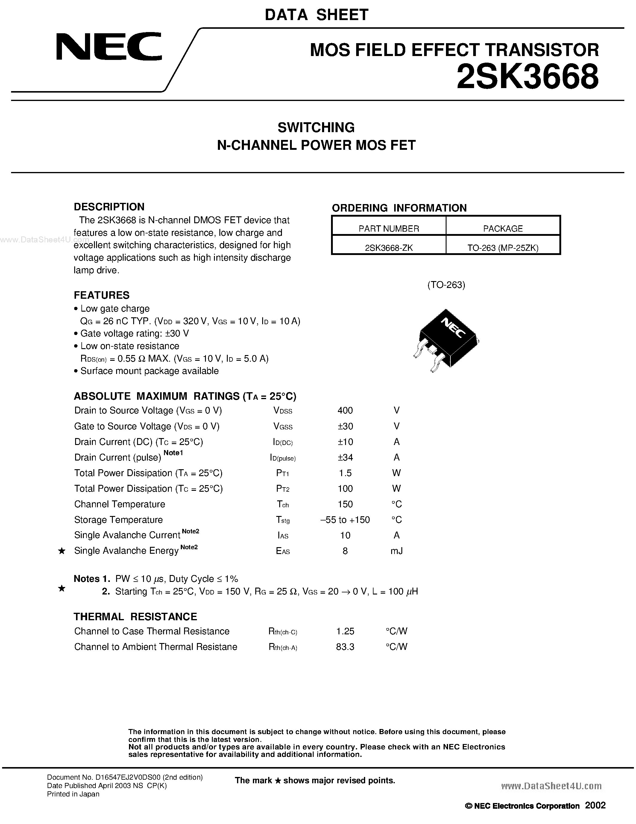 Datasheet 2SK3668 - SWITCHING N-CHANNEL POWER MOSFET page 1