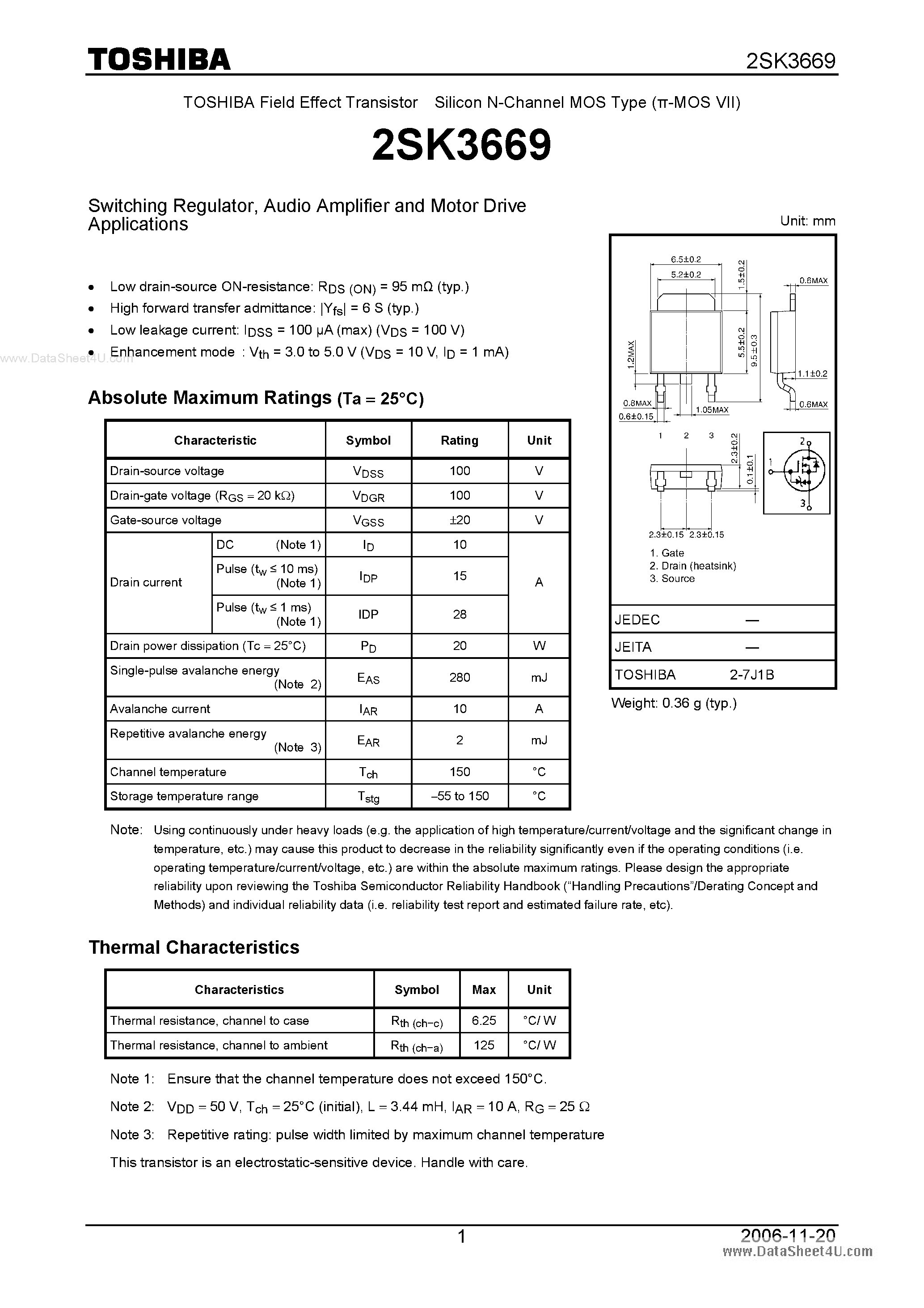 Datasheet 2SK3669 - Silicon N-Channel MOS Type Switching Regulator page 1