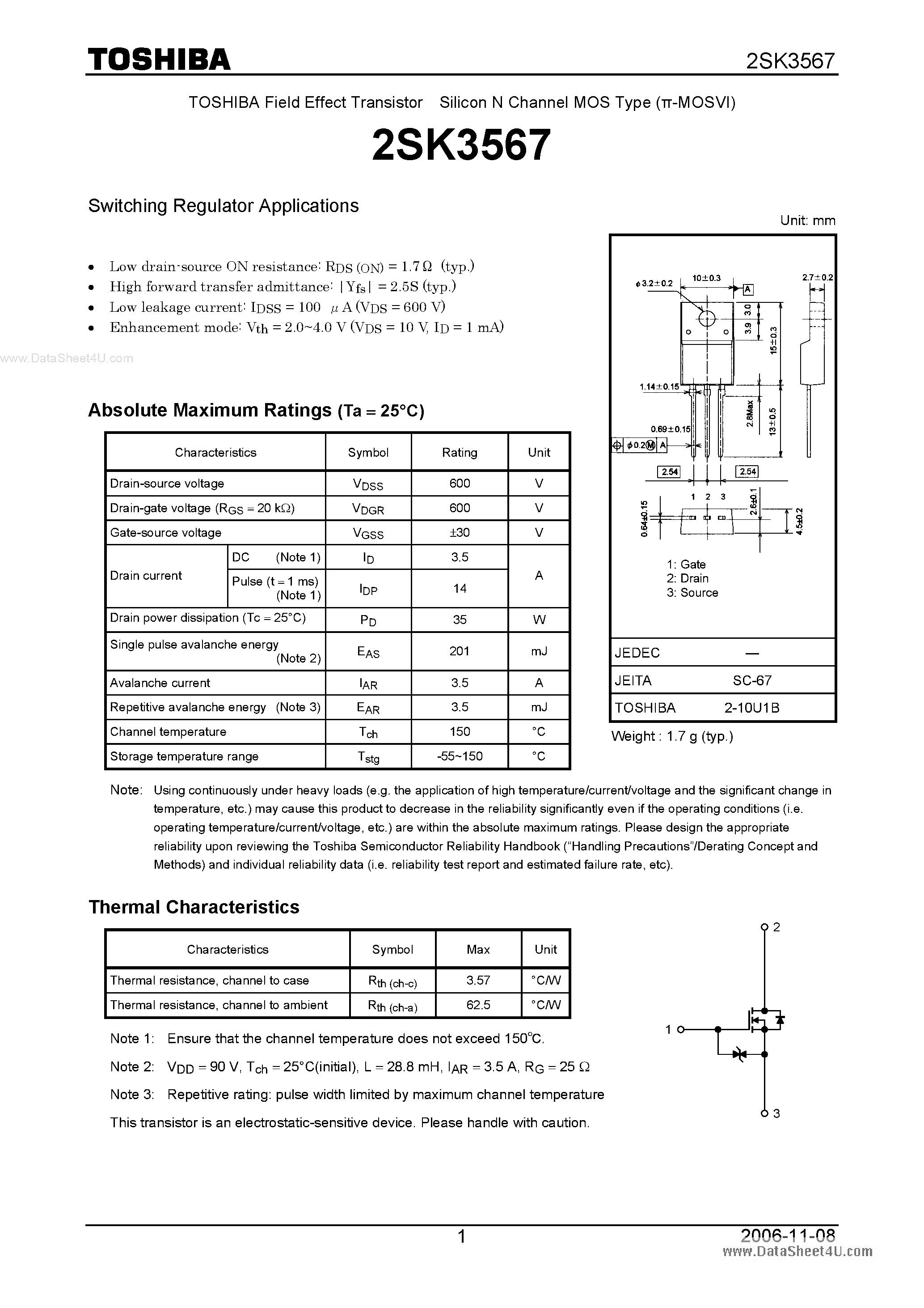 Datasheet 2SK3567 - Silicon N Channel MOS Type Switching Regulator Applications page 1