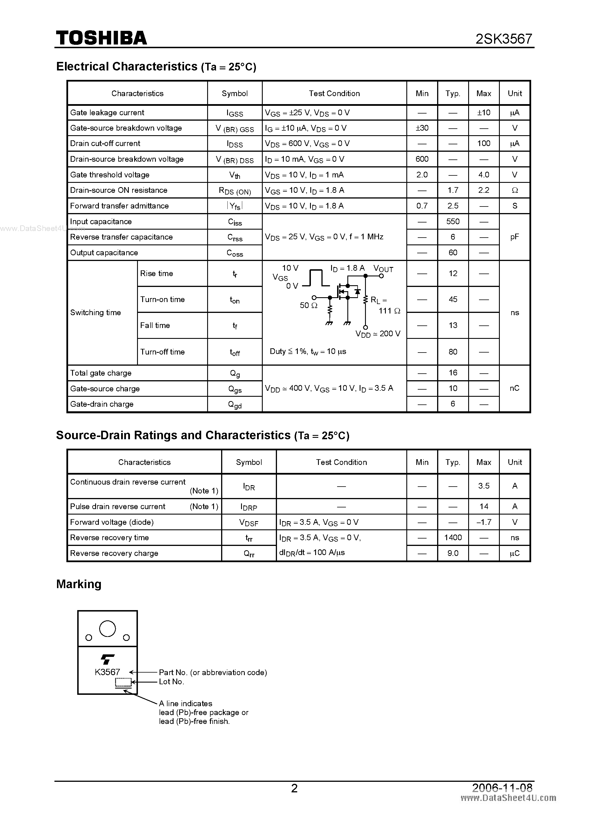 Datasheet 2SK3567 - Silicon N Channel MOS Type Switching Regulator Applications page 2
