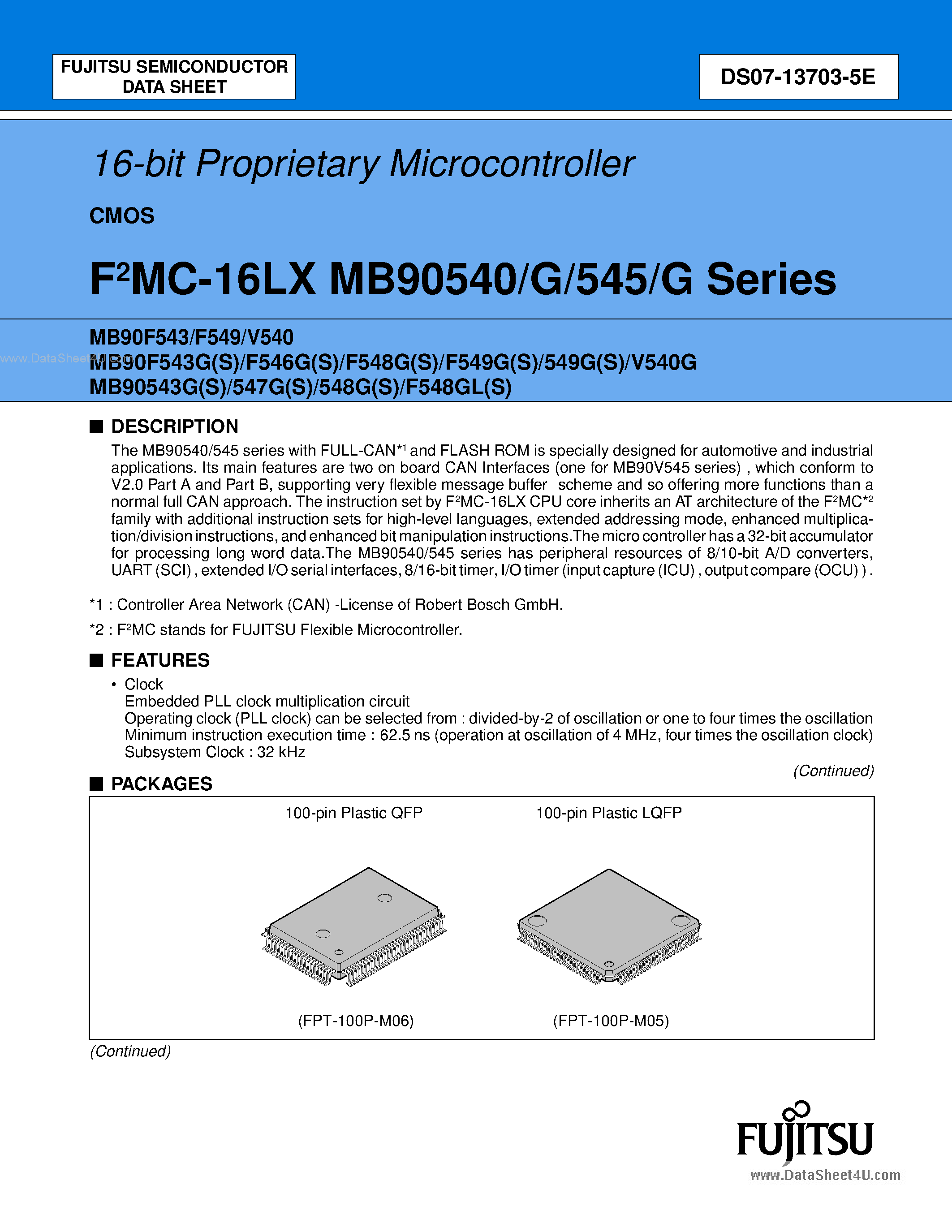 Datasheet MB90540 page 1 Datasheet MB90540 - (MB90F5xx) 16-bit Proprietary Microcontroller page 1