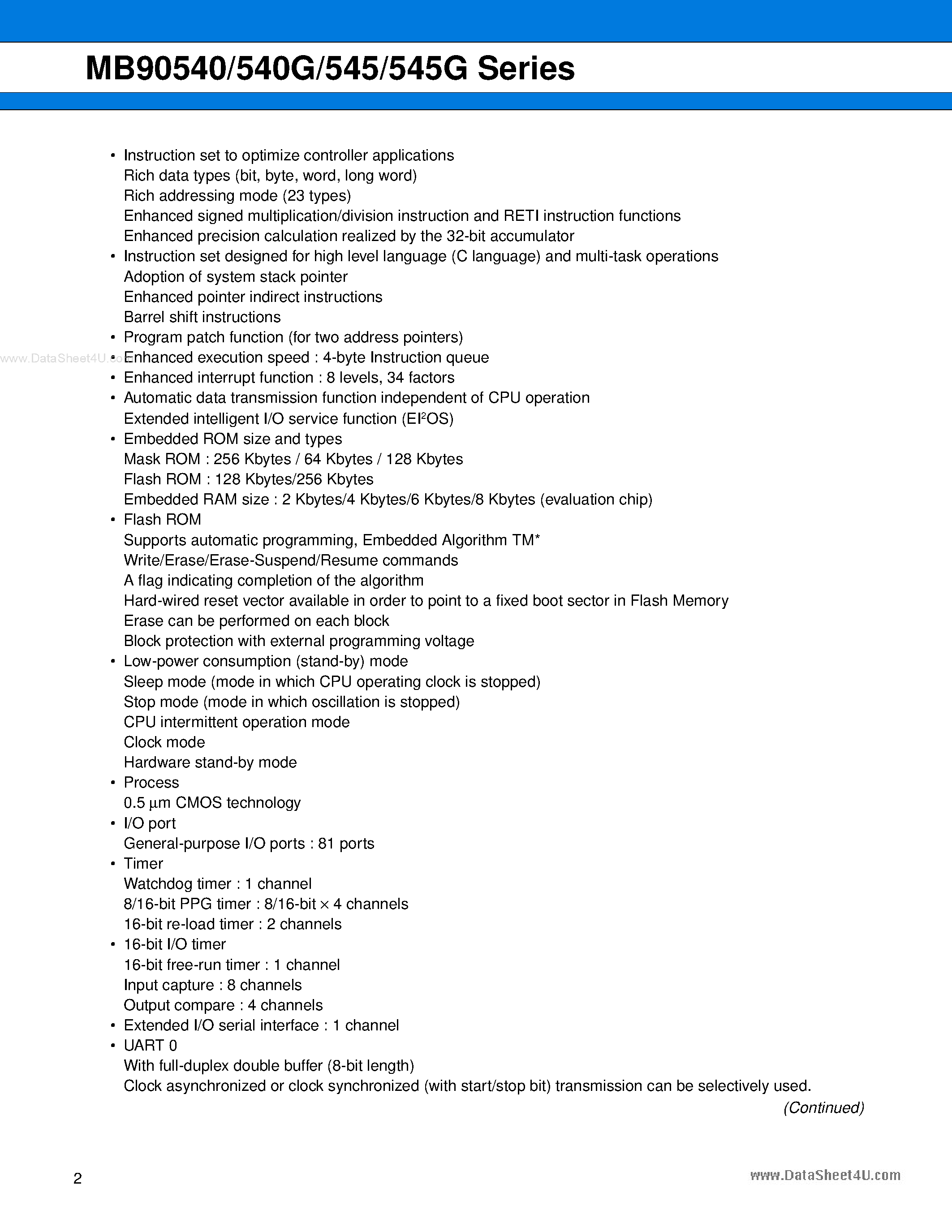 Datasheet MB90540 page 2 Datasheet MB90540 - (MB90F5xx) 16-bit Proprietary Microcontroller page 2