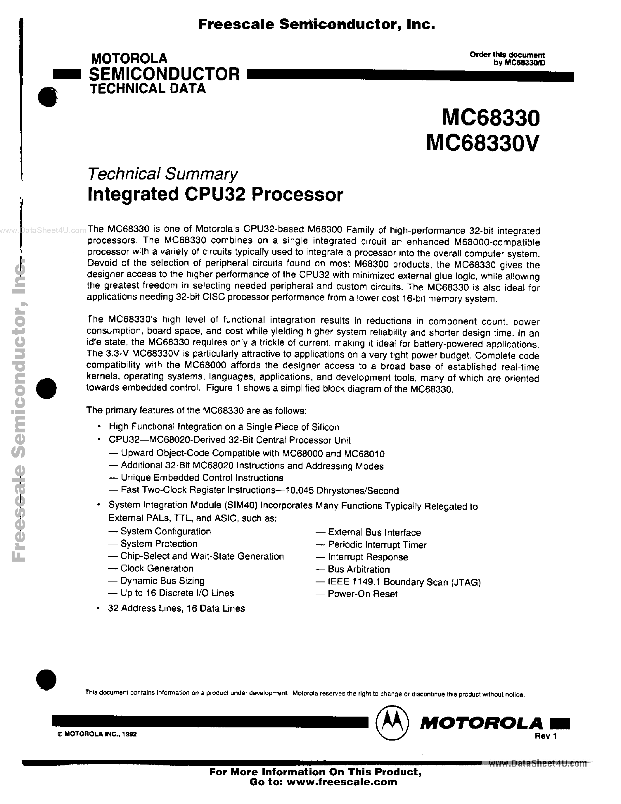 Datasheet MC68330 - Integrated CPU32 Processor page 1