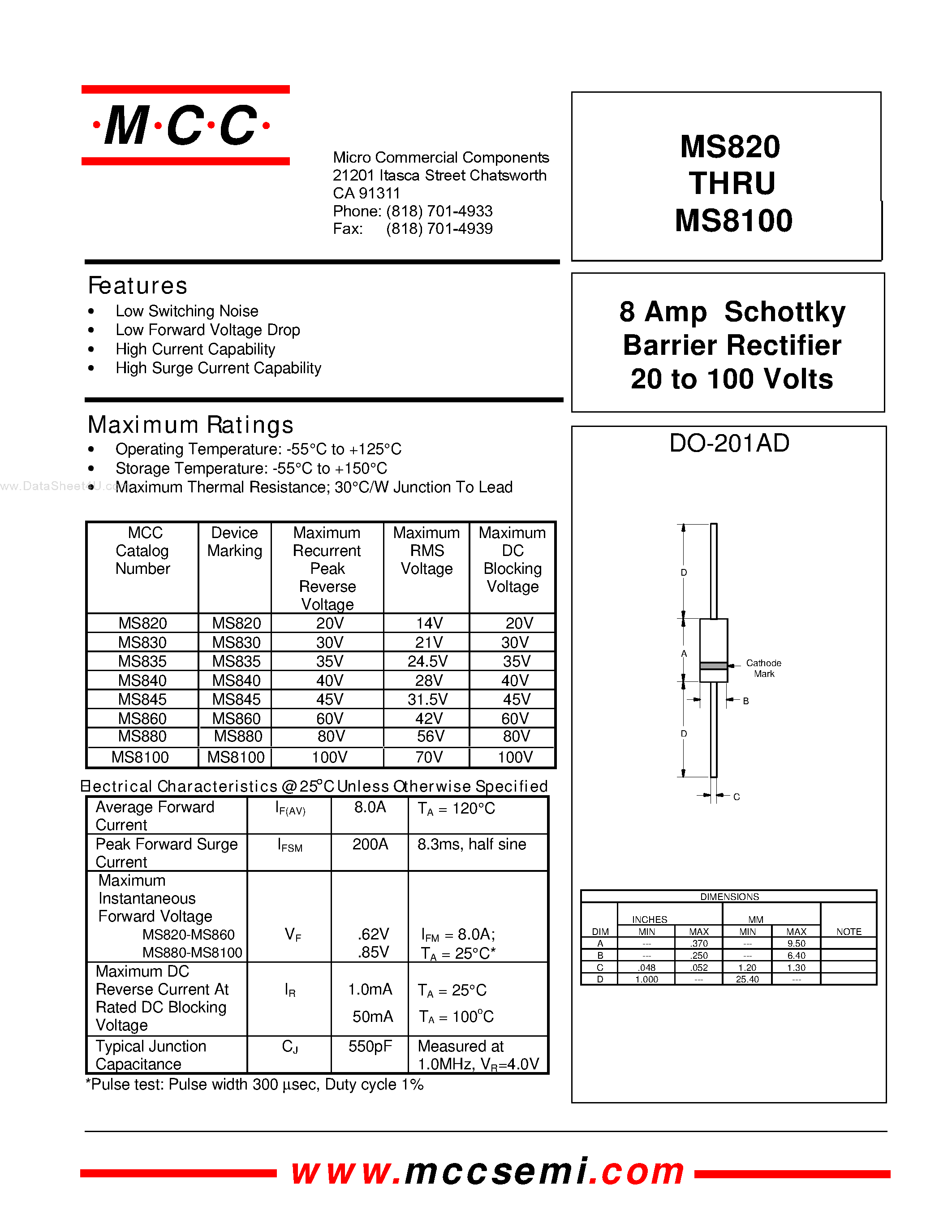Даташит MS8100 - (MS820 - MS8100) 8 Amp Schottky Barrier Rectifier страница 1