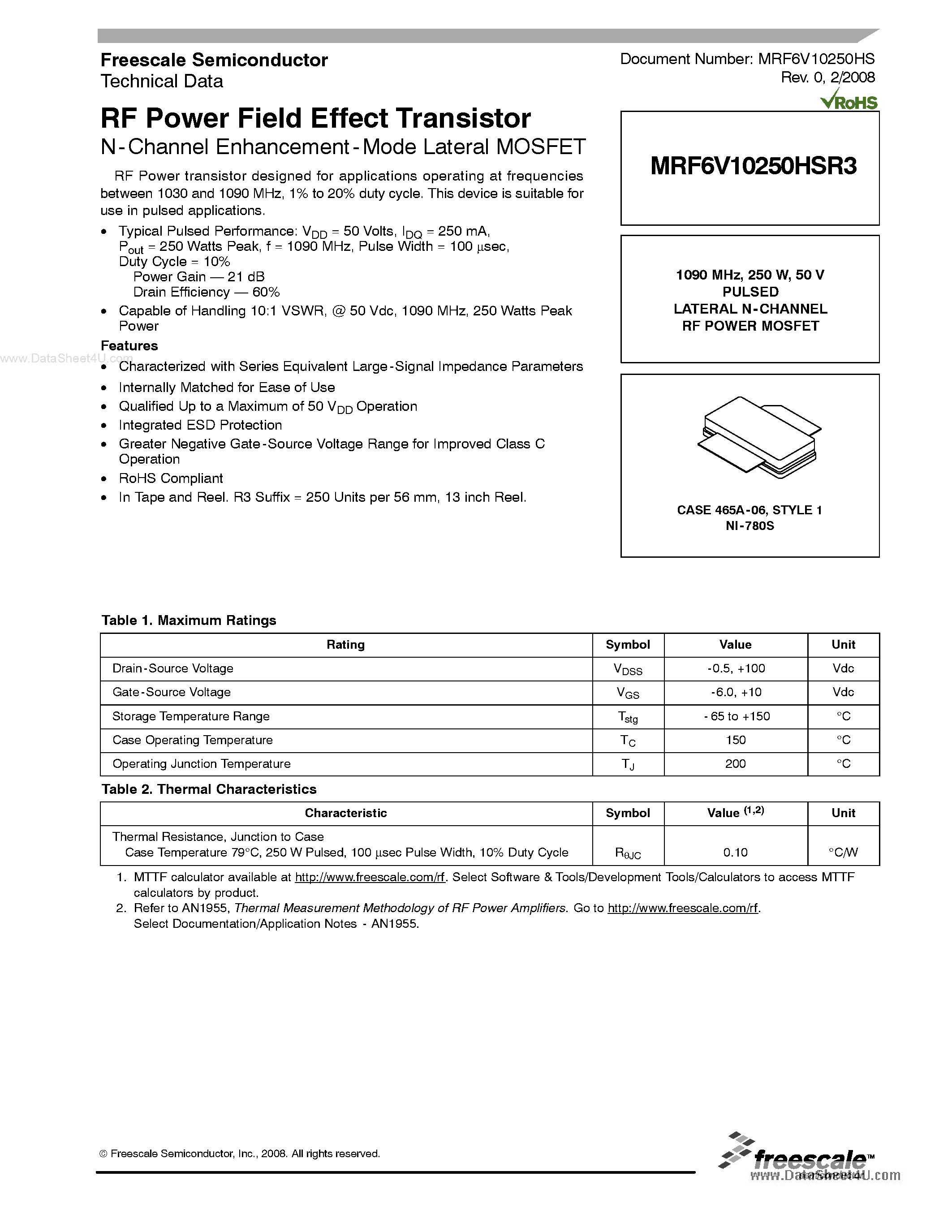Datasheet MRF6V10250HSR3 - RF Power Field Effect Transistor N-Channel Enhancement-Mode Lateral MOSFET page 1