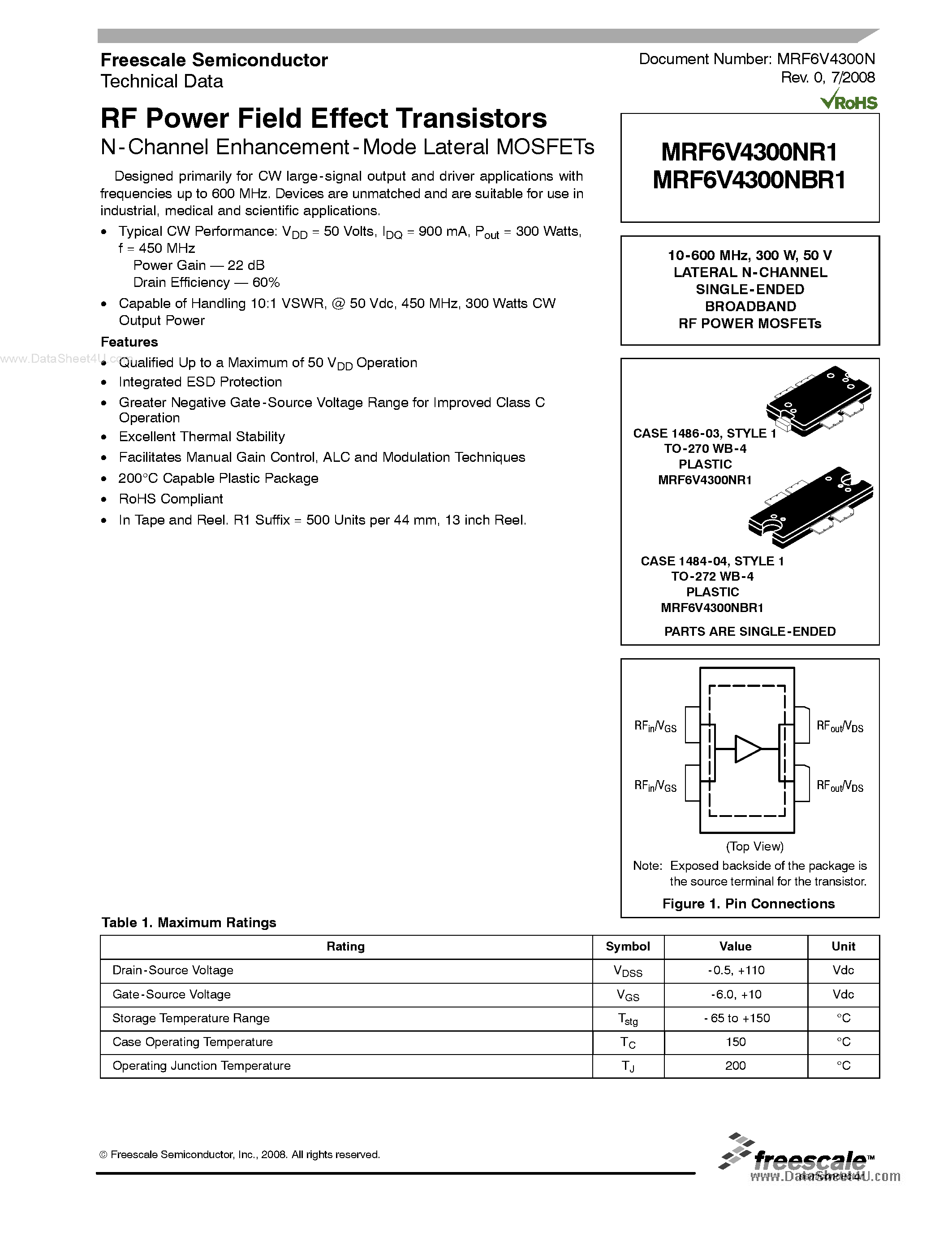 Datasheet MRF6V4300NBR1 - RF Power Field Effect Transistors N-Channel Enhancement-Mode Lateral MOSFETs page 1