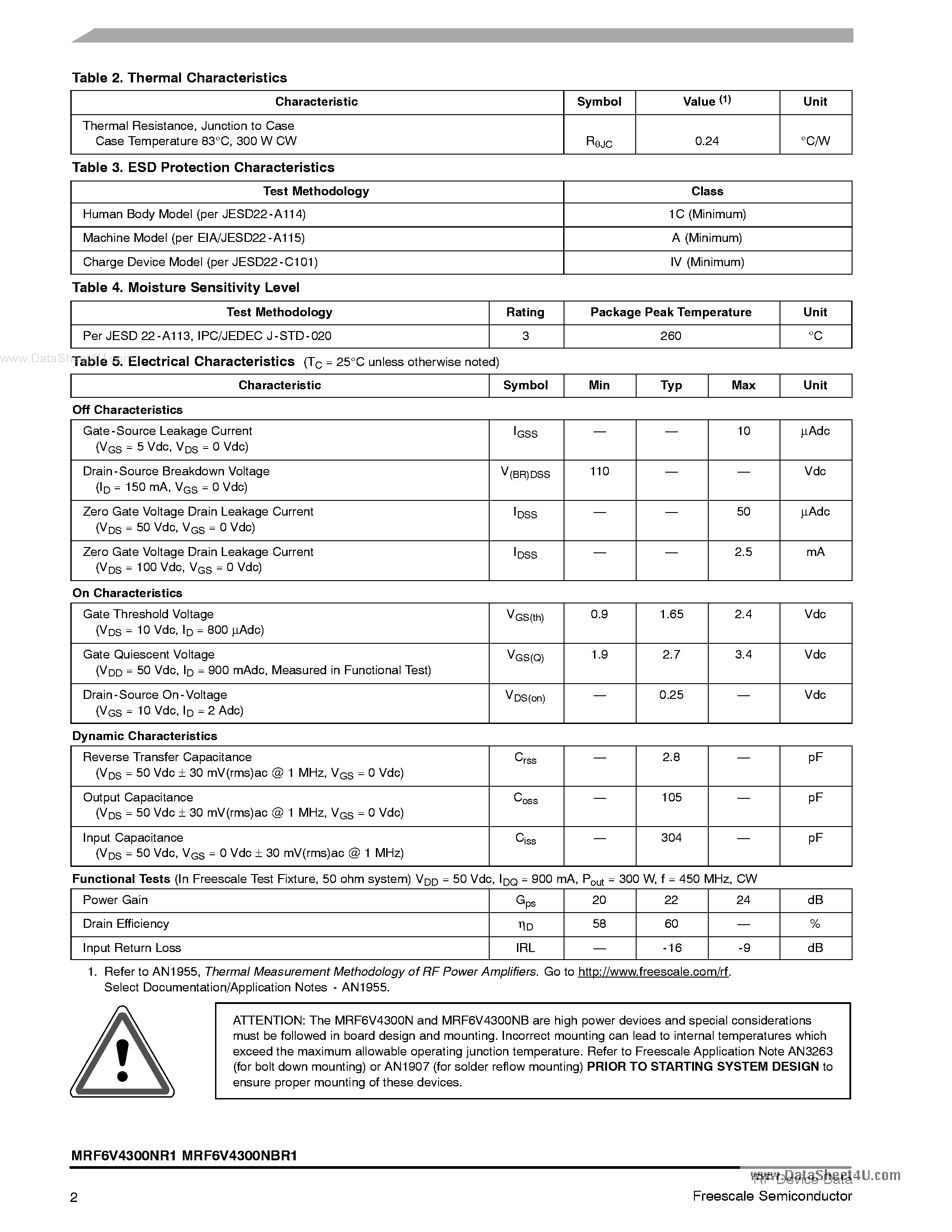 Datasheet MRF6V4300NBR1 - RF Power Field Effect Transistors N-Channel Enhancement-Mode Lateral MOSFETs page 2