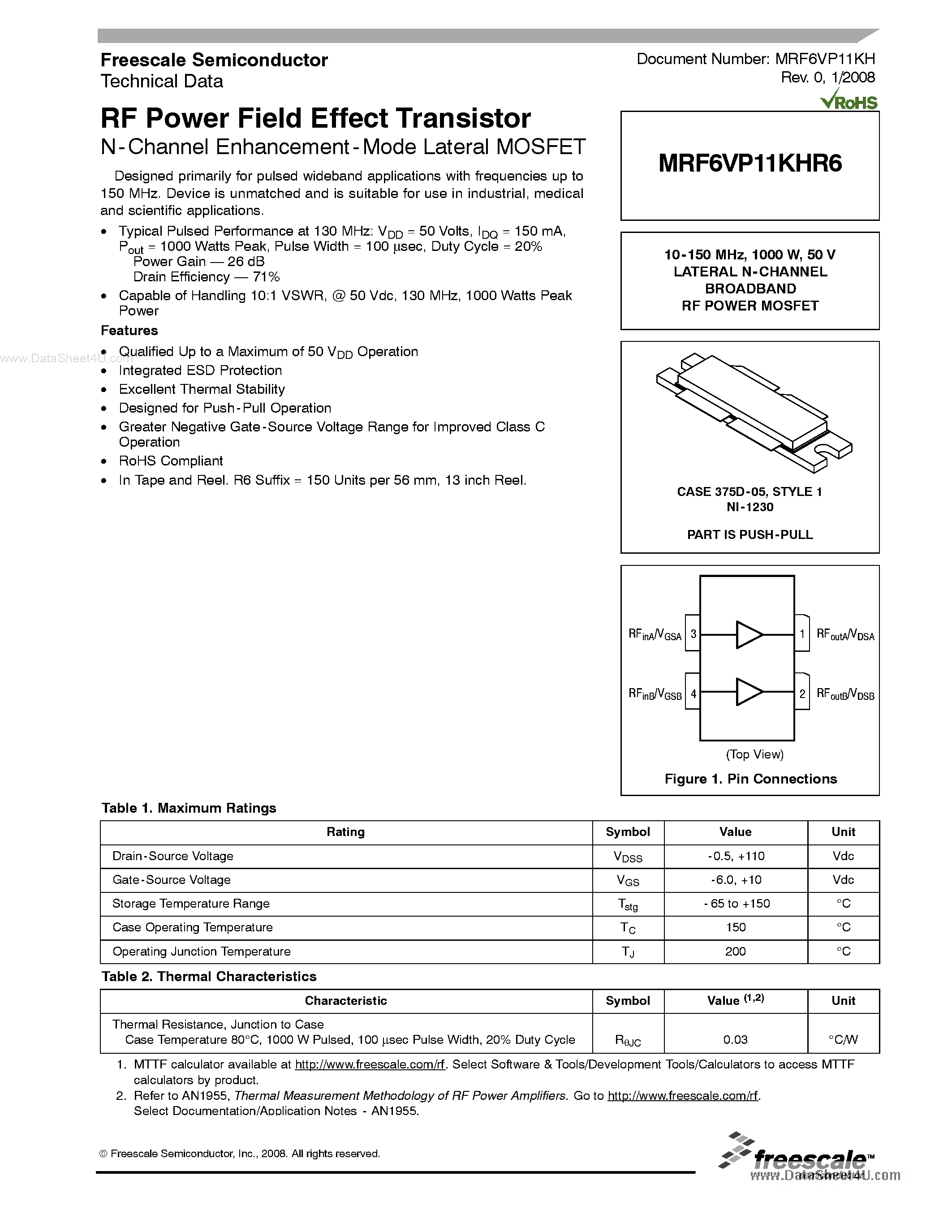 Datasheet MRF6VP11KHR6 - RF Power Field Effect Transistor N-Channel Enhancement-Mode Lateral MOSFET page 1