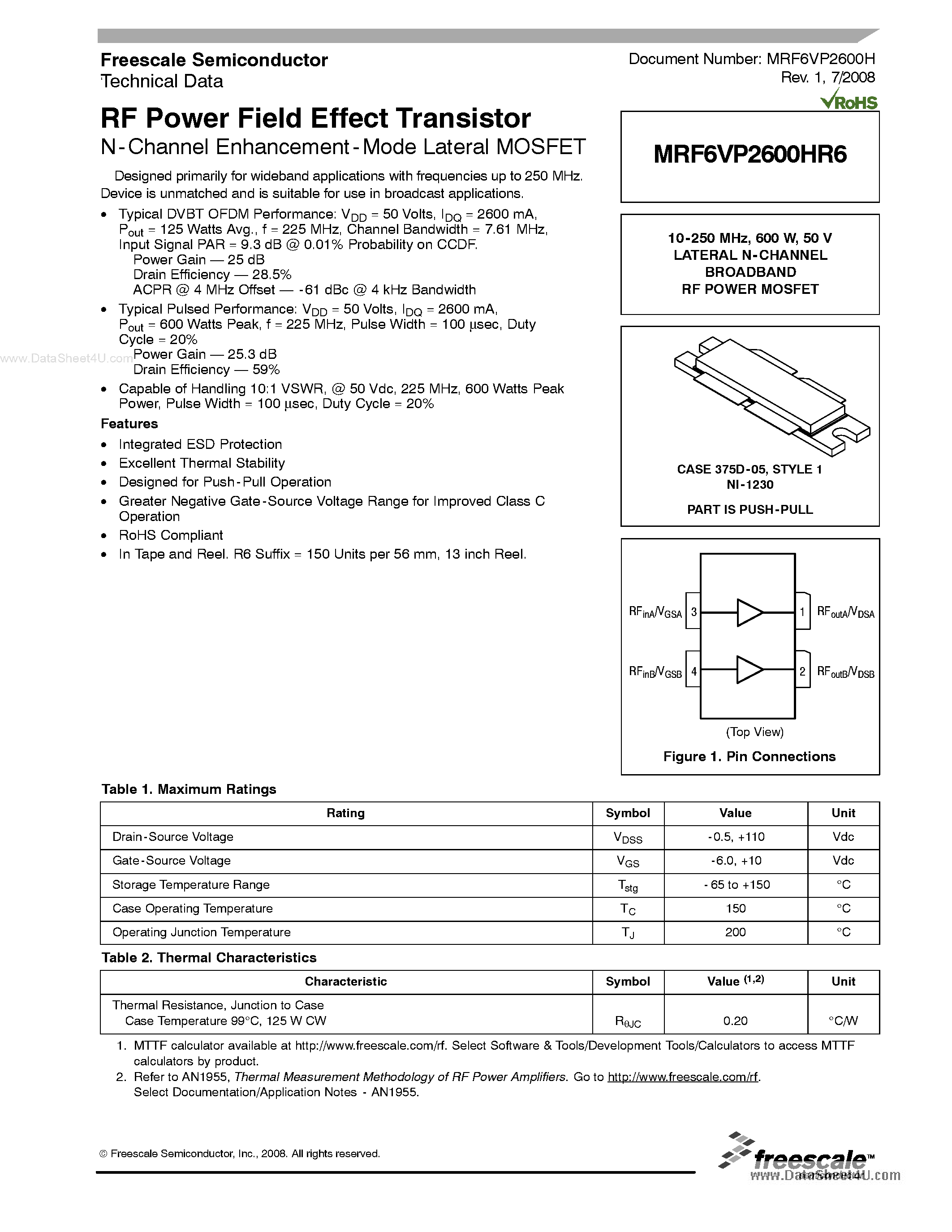 Datasheet MRF6VP2600HR6 - RF Power Field Effect Transistor N-Channel Enhancement-Mode Lateral MOSFET page 1
