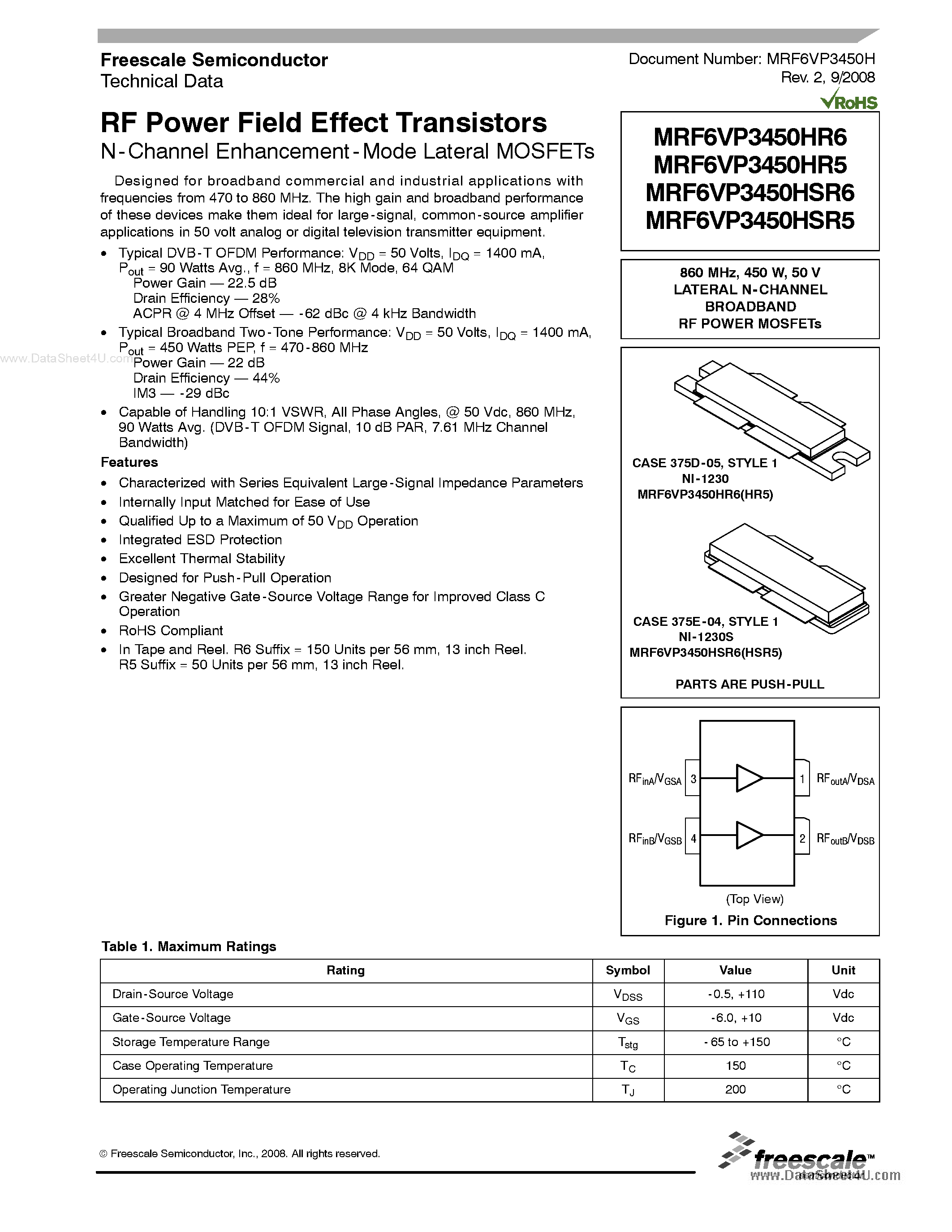 Datasheet MRF6VP3450HR5 - RF Power Field Effect Transistor N-Channel Enhancement-Mode Lateral MOSFET page 1