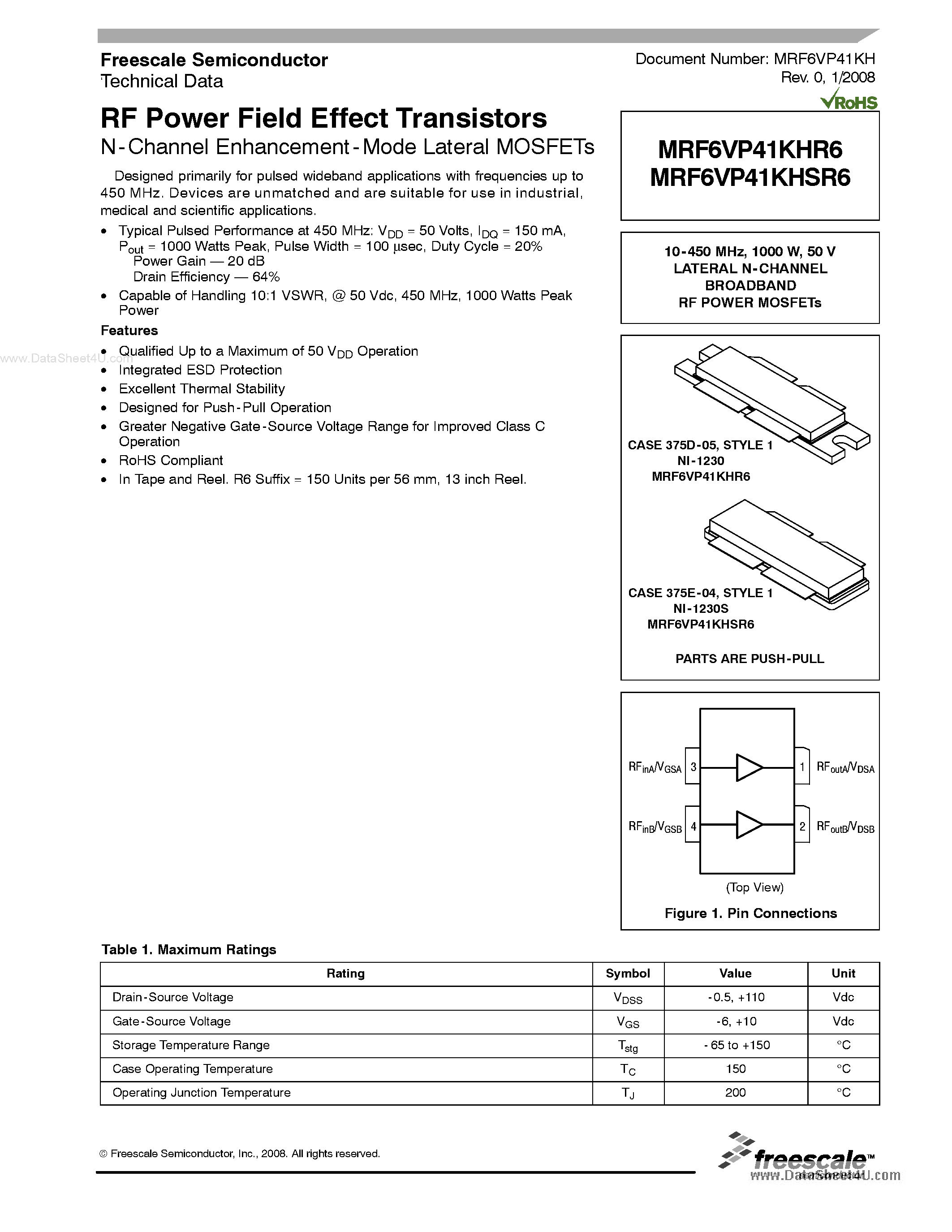 Datasheet MRF6VP41KHR6 - RF Power Field Effect Transistor N-Channel Enhancement-Mode Lateral MOSFET page 1