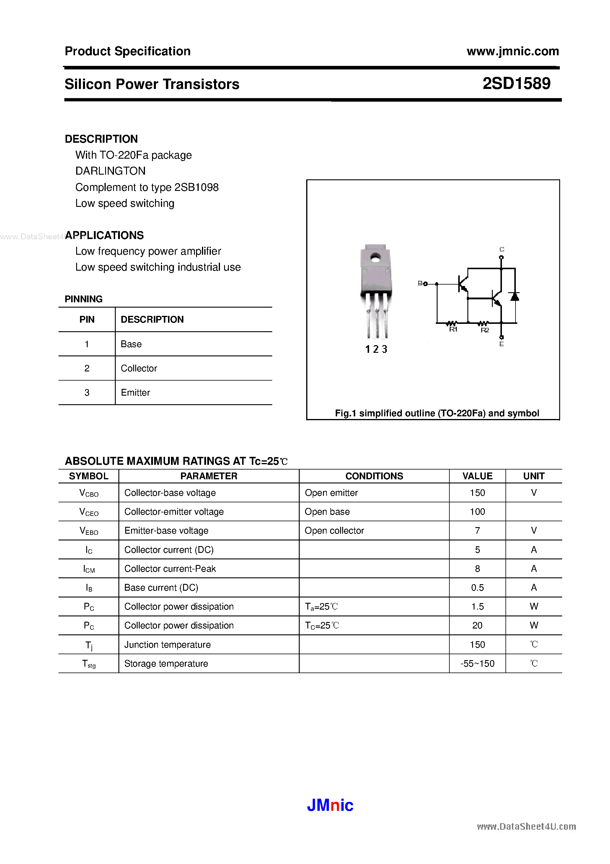 Datasheet 2SD1589 page 1 Datasheet 2SD1589 - Silicon Power Transistors page 1