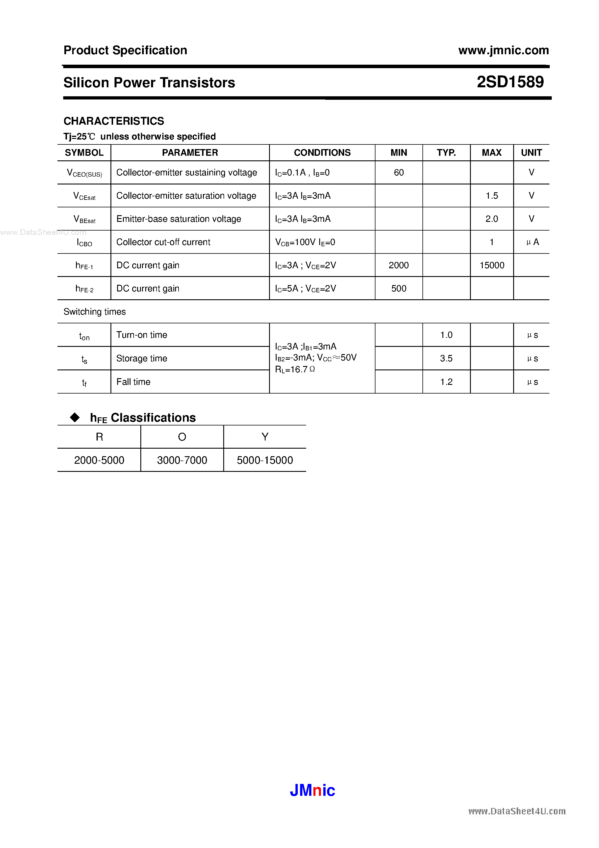 Datasheet 2SD1589 page 2 Datasheet 2SD1589 - Silicon Power Transistors page 2