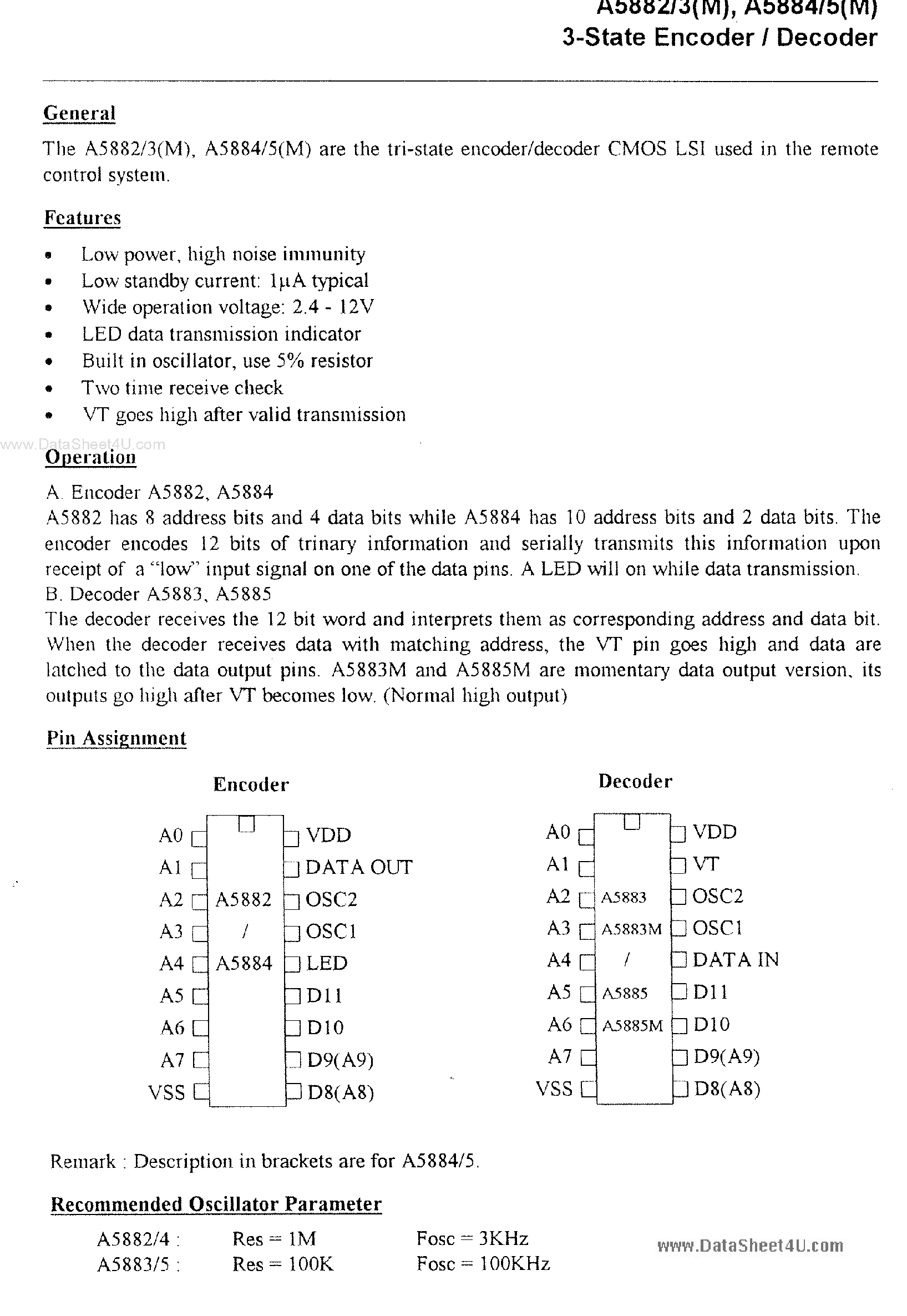 Даташит A5882 - (A5882 - A5885) 3-State Encoder / Decoder страница 1