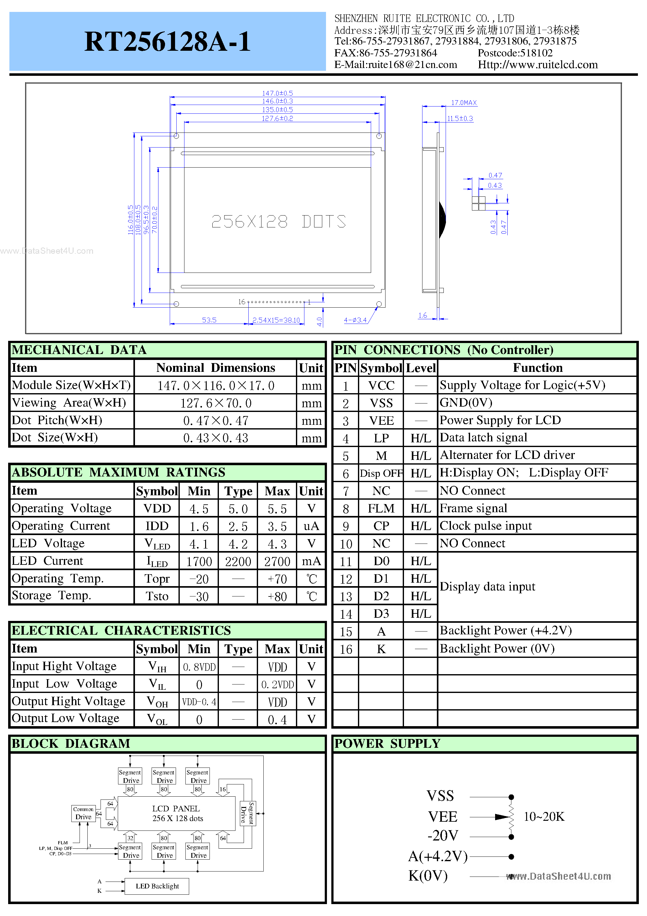 Datasheet RT256128A-1 page 1 Datasheet RT256128A-1 - LCD Module page 1