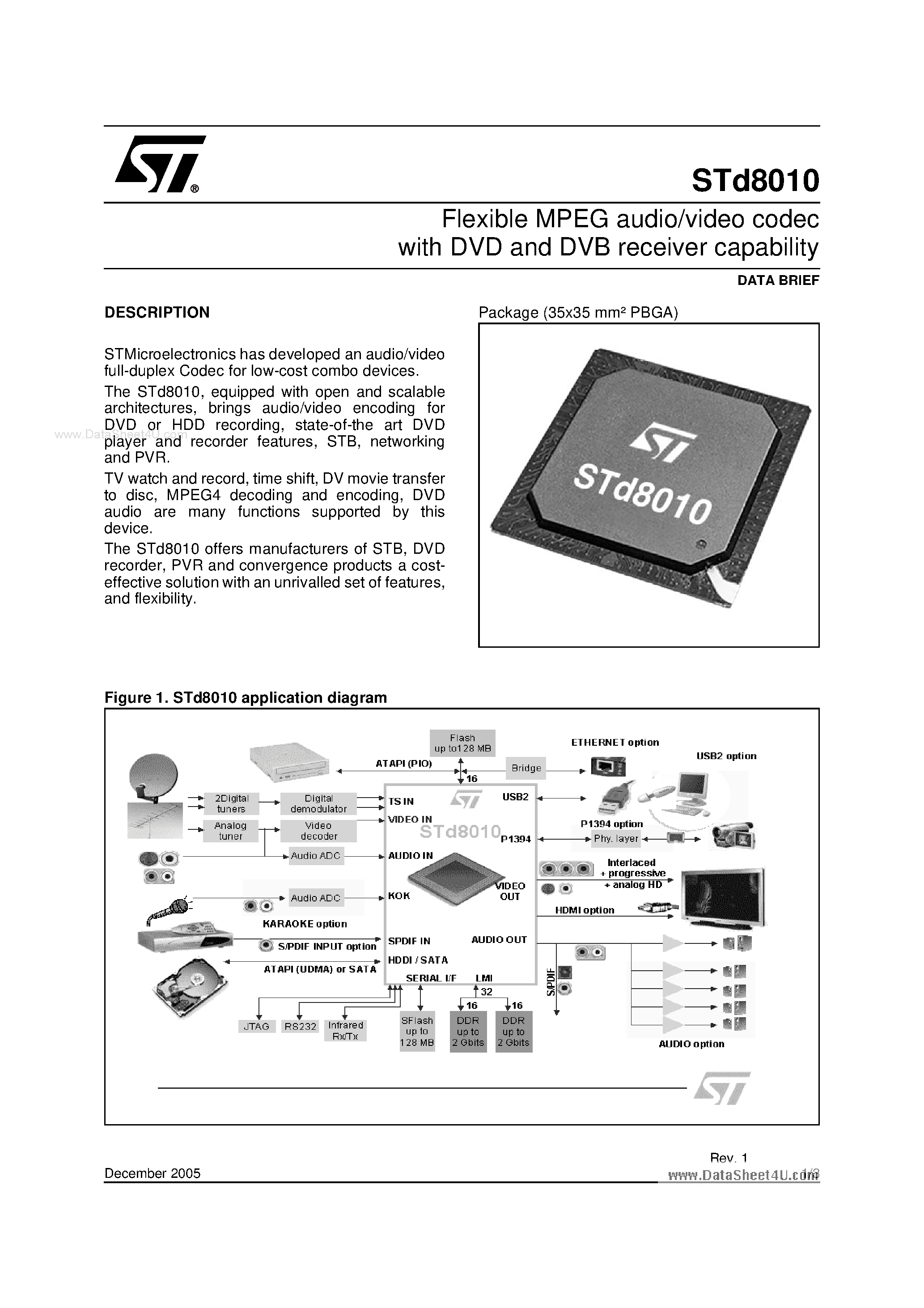 Datasheet STD8010 page 1 Datasheet STD8010 - Flexible MPEG audio/video codec page 1
