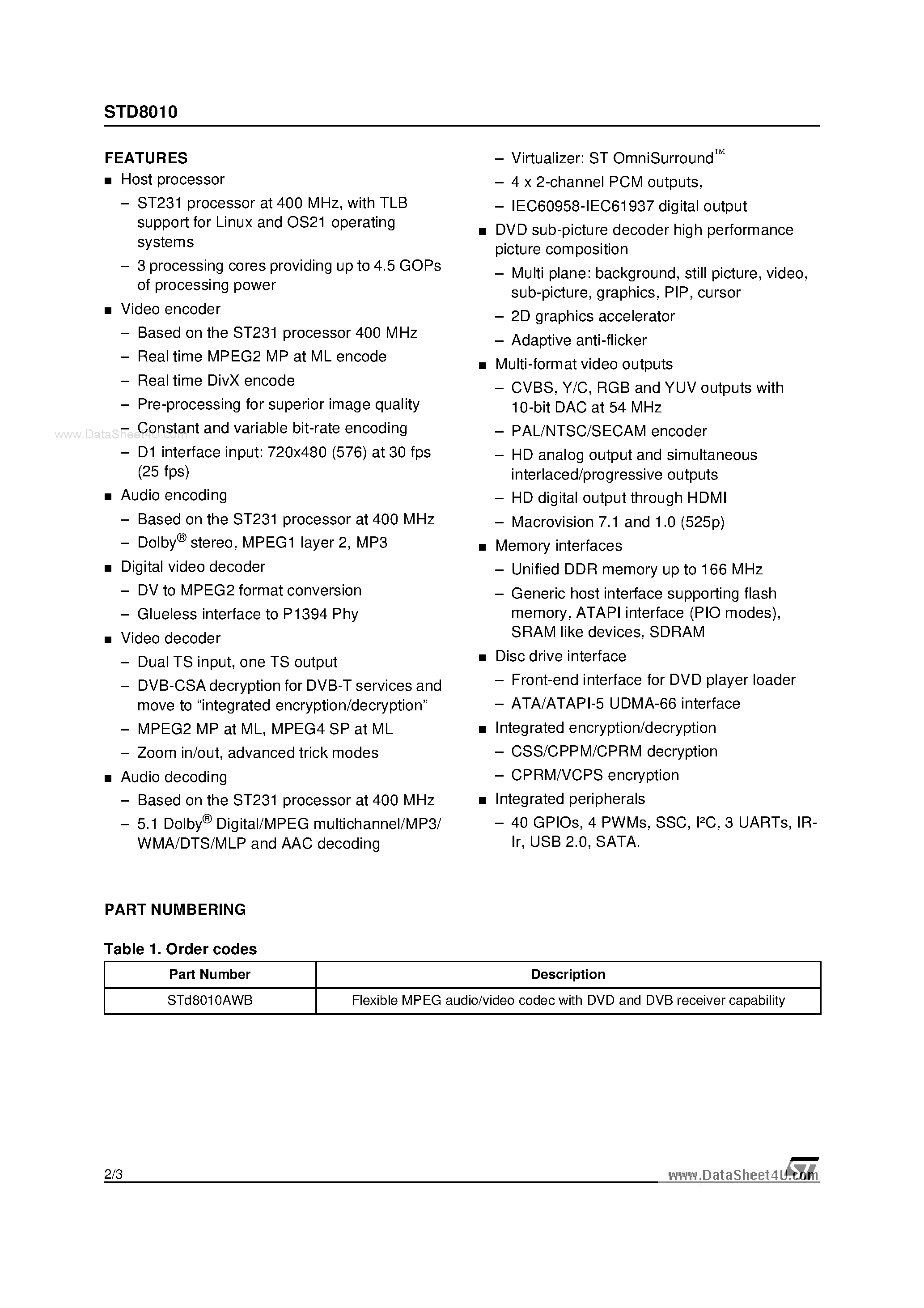 Datasheet STD8010 page 2 Datasheet STD8010 - Flexible MPEG audio/video codec page 2